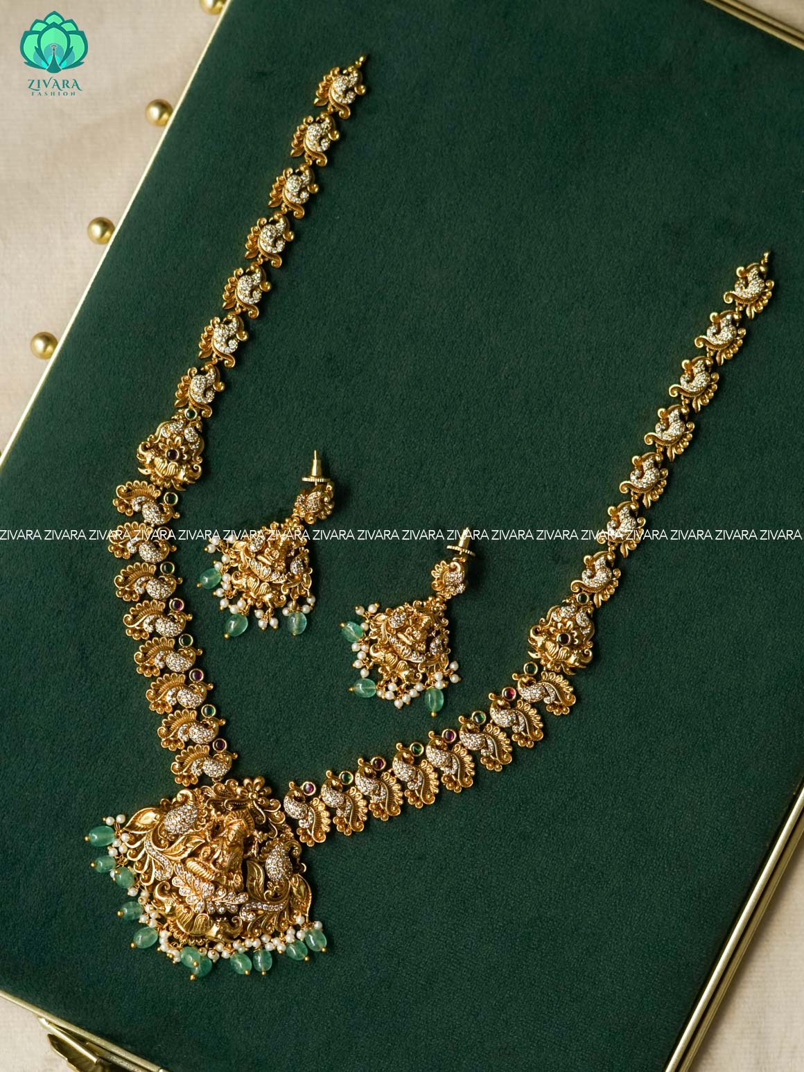 TEMPLE  - Traditional PREMIUM MATTE polish MIDCHEST haaram/neckwear with earrings- Zivara Fashion