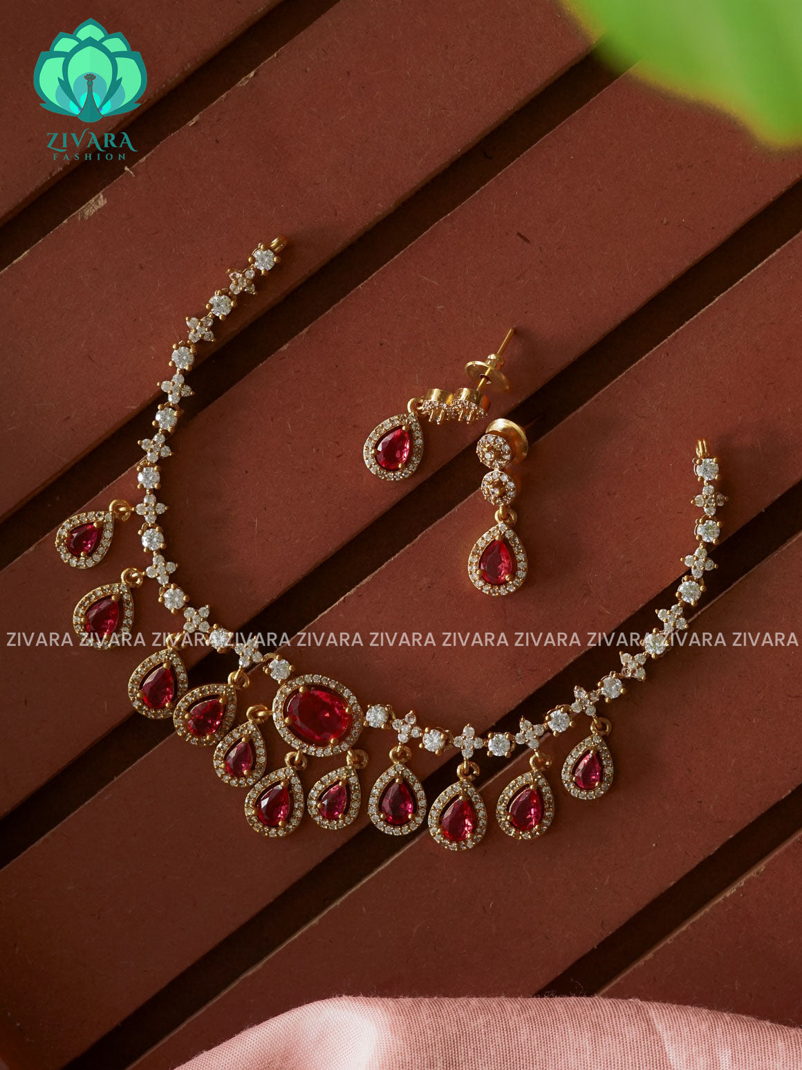 Ruby - Hanging tear - Trending  stylish and minimal elegant neckwear with earrings- Zivara Fashion