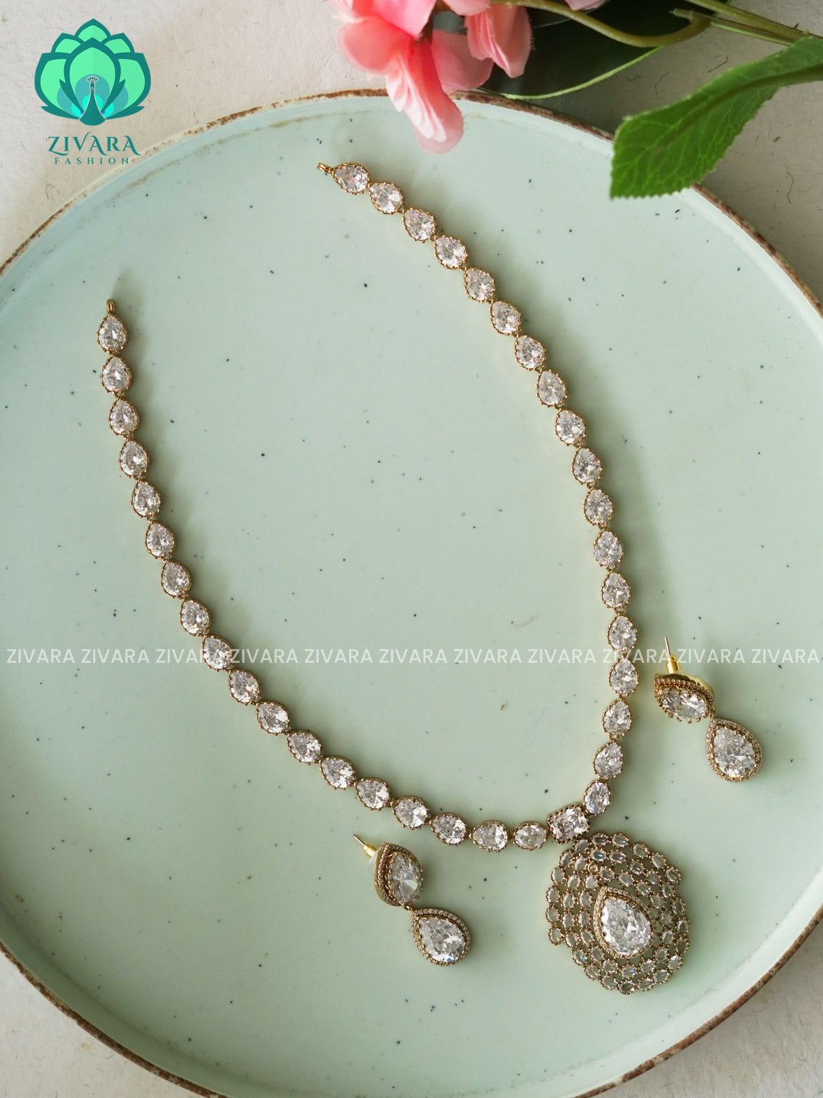 WHITE TEAR PENDANT VICTORIA DARK FINISH MIDCHEST haaram/neckwear with earrings- Zivara Fashion