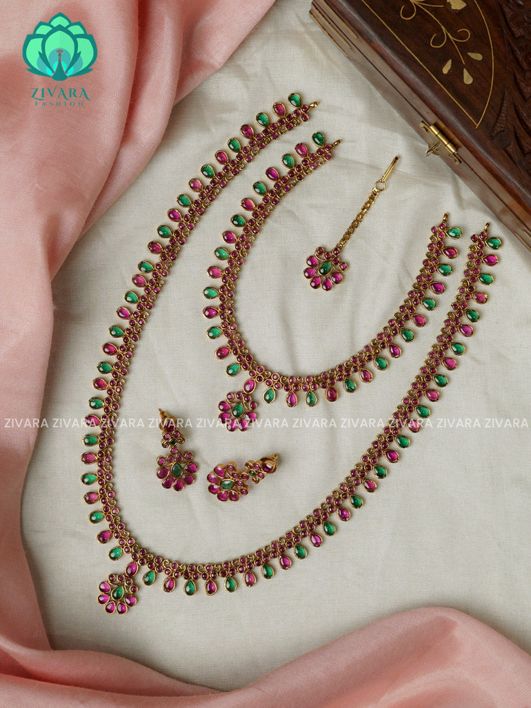 RUBY AND GREEN -COMBO OF TRADITIONAL SHORT , LONG NECKWEAR TIKKA AND EARRING - Zivara Fashion