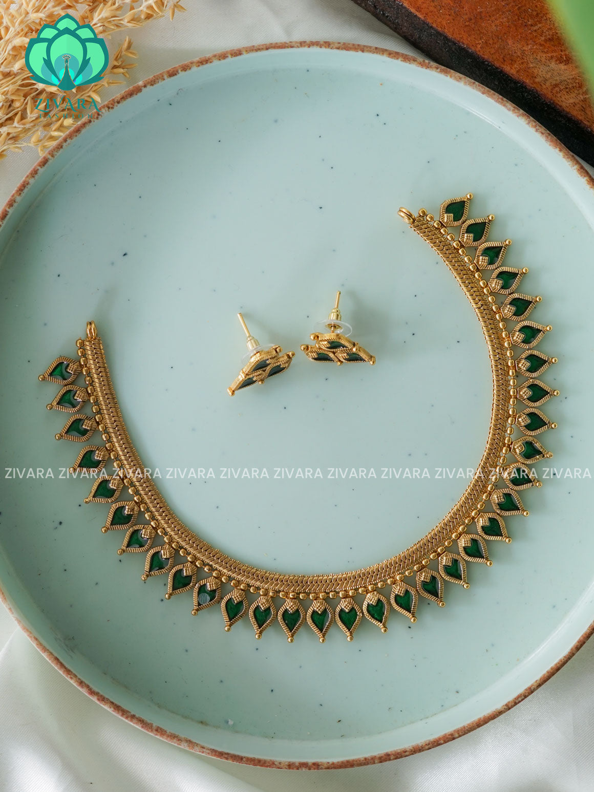 ANANYA SERIES - GREEN PALAKKA  hasli - Traditional south indian NORMAL MATTE neckwear with earrings - Zivara Fashion