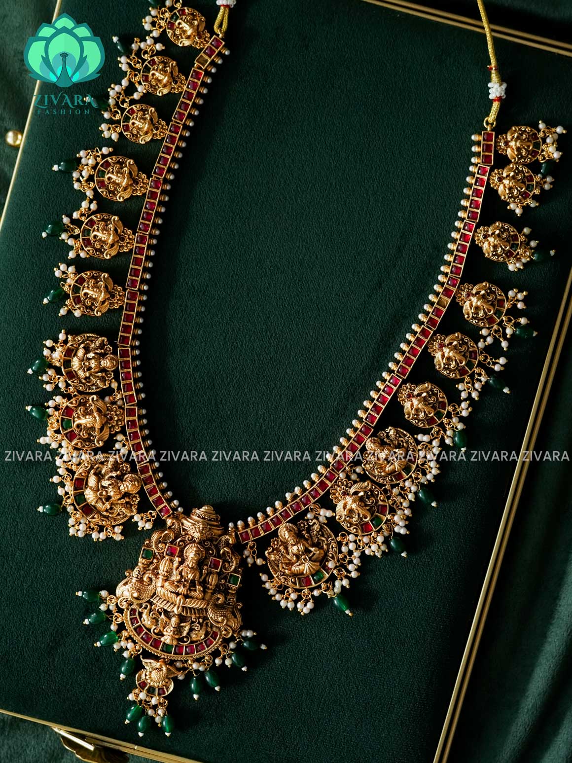 RUBY GREEN STONE  TEMPLE MOTIFWITH GREEN BEADS - Traditional PREMIUM MATTE polish MIDCHEST haaram/neckwear with earrings- Zivara Fashion