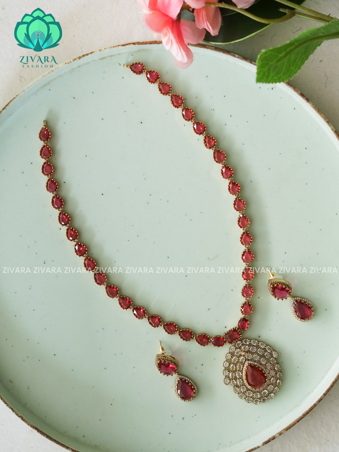 RUBY TEAR PENDANT VICTORIA DARK FINISH MIDCHEST haaram/neckwear with earrings- Zivara Fashion