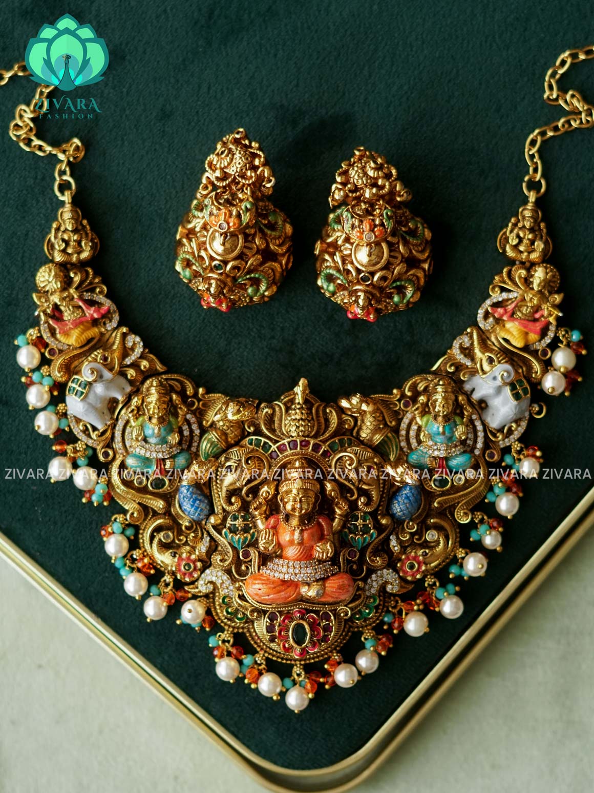 MADHURYA -  GRAND BRIDAL GAJALAKSHMI NECKWEAR VINTAGE FINISH  handpainted - Traditional south indian premium neckwear with earrings- Zivara Fashion- latest jewellery design
