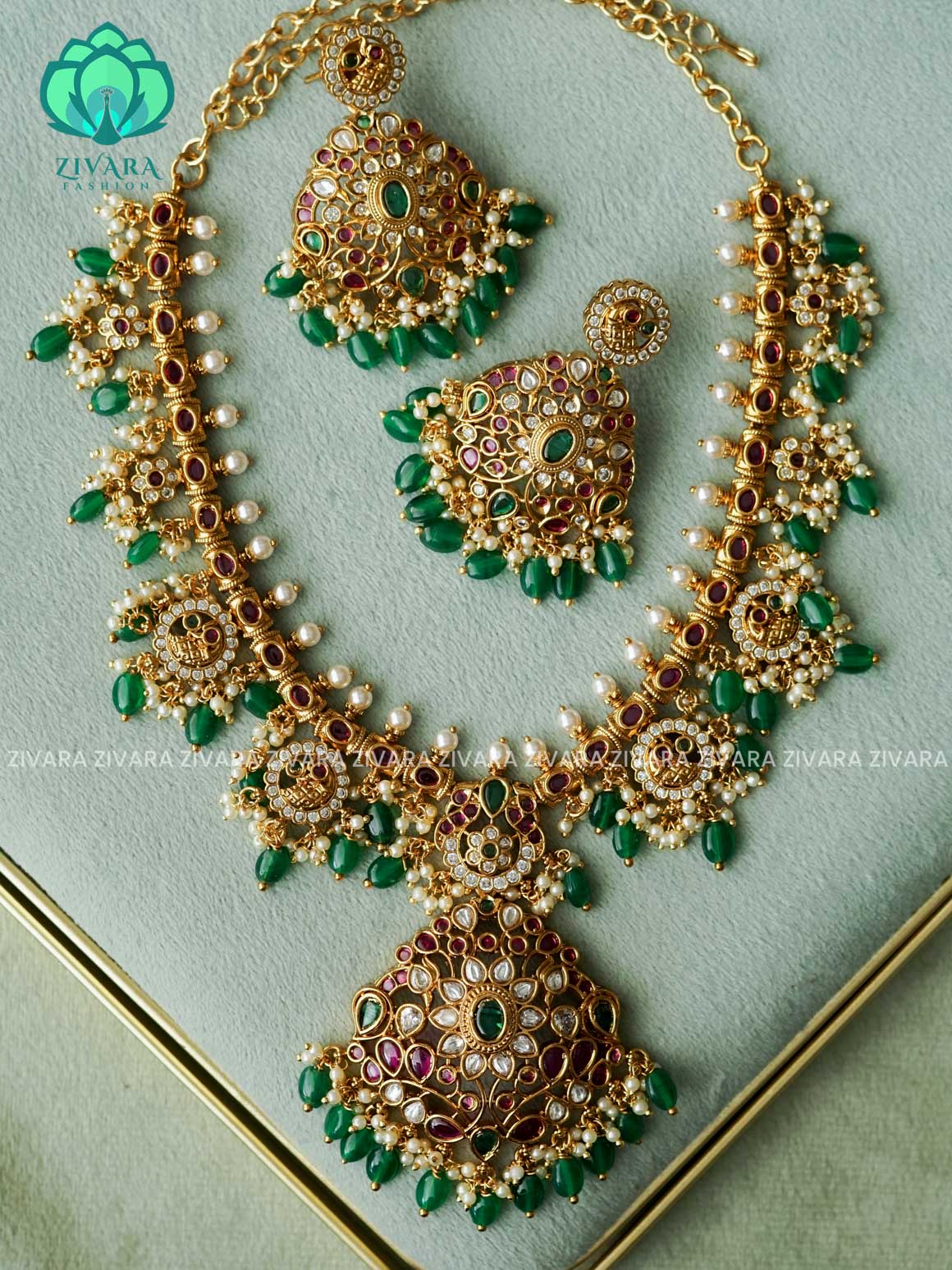 REAL KEMP PEACOCK NECKWEAR WITH HANGINGS - Traditional south indian premium neckwear with earrings- Zivara Fashion- latest jewellery design