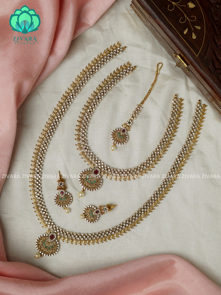 WHITE STONE -COMBO OF TRADITIONAL SHORT , LONG NECKWEAR TIKKA AND EARRING - Zivara Fashion