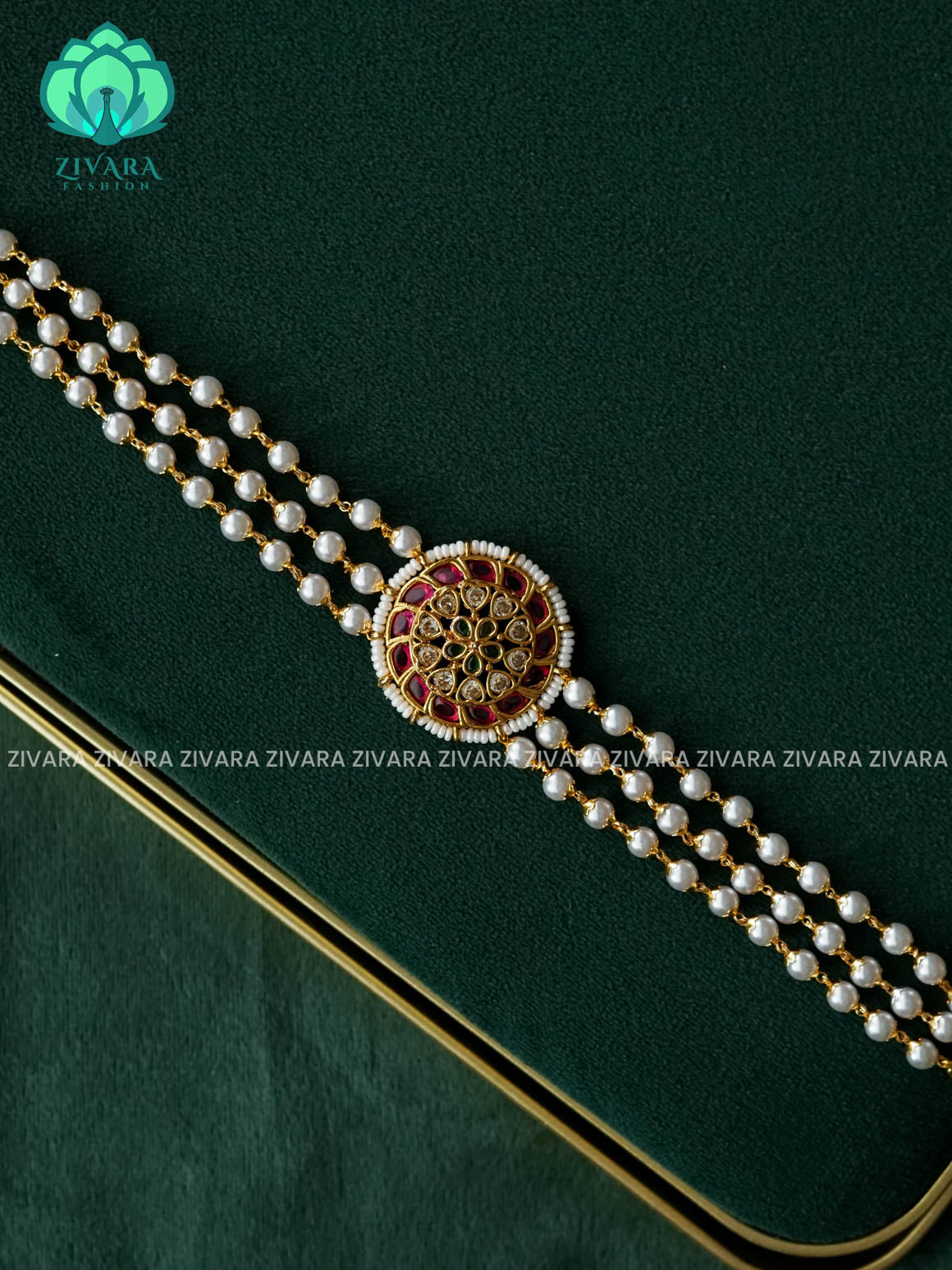 RUBY GREEN FLOWER PEARL CHOKER  -  TRADITIONAL CHOKER COLLECTION - LATEST JEWELLERY COLLECTION - ZIVARA FASHION