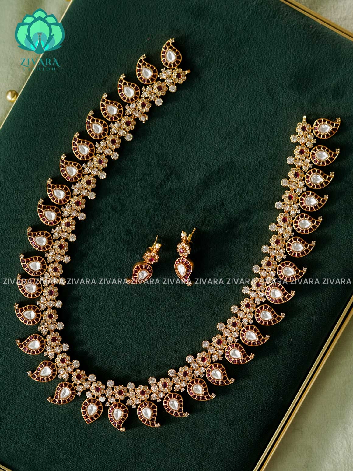 RUBY WHITE STONE MANGO - Traditional PREMIUM MATTE polish MIDCHEST haaram/neckwear with earrings- Zivara Fashion