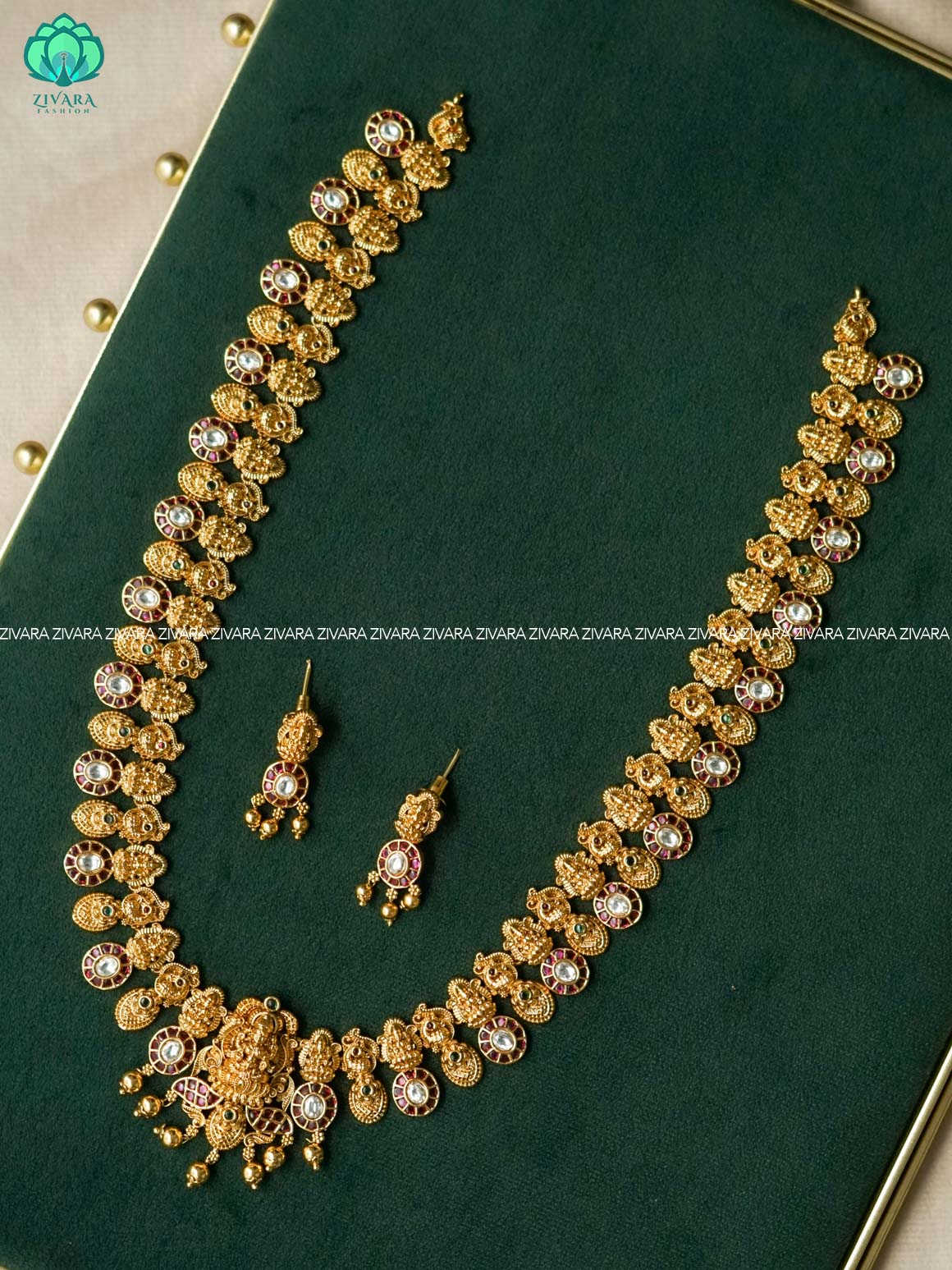 VINTAGE TEMPLE BRIDAL LONG - Traditional PREMIUM MATTE polish MIDCHEST haaram/neckwear with earrings- Zivara Fashion