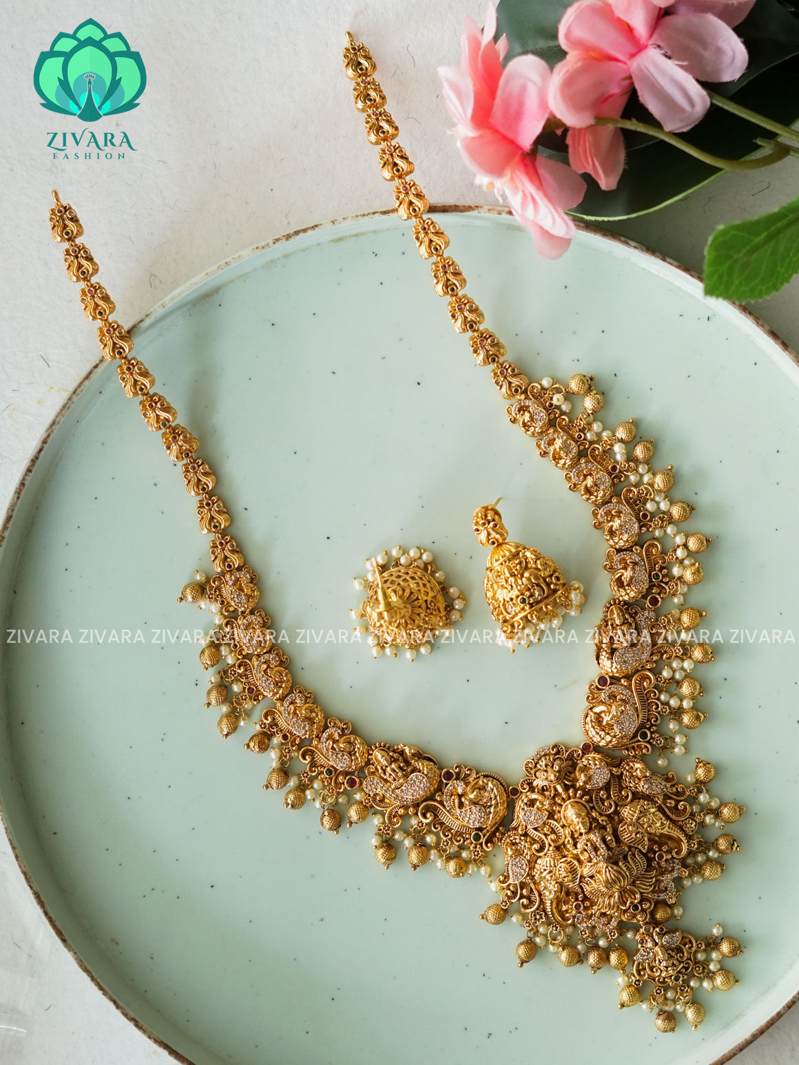 TEMPLE  - Traditional PREMIUM MATTE polish MIDCHEST haaram/neckwear with earrings- Zivara Fashion