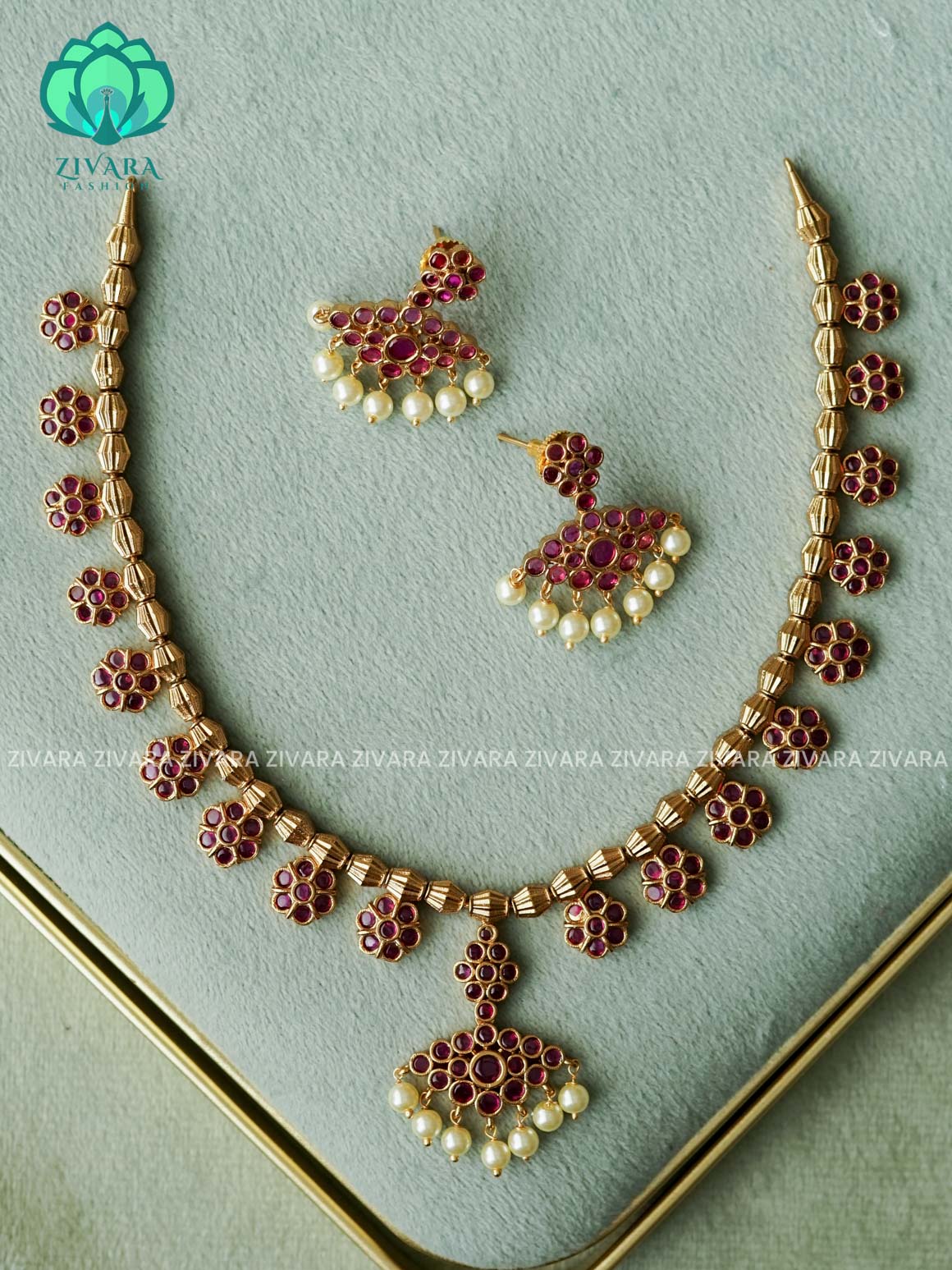 REAL KEMP RUBY STONE FLOWER NECKWEAR - Traditional south indian premium neckwear with earrings- Zivara Fashion- latest jewellery design