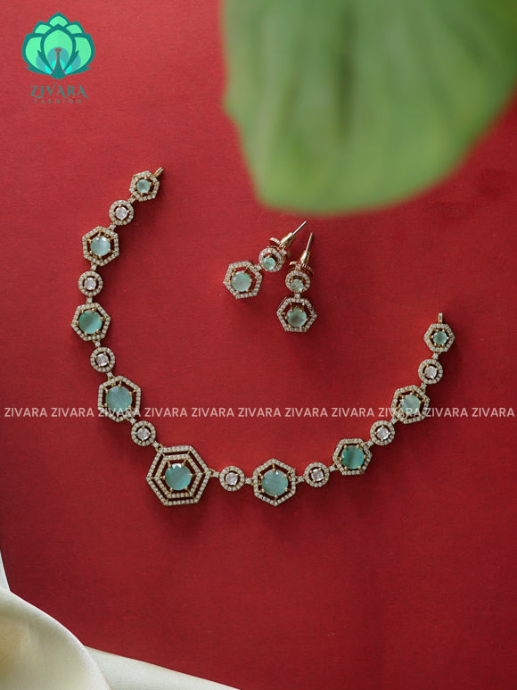 PASTEL GREEN- HEXAGON - stylish and minimal elegant neckwear with earrings- Zivara Fashion