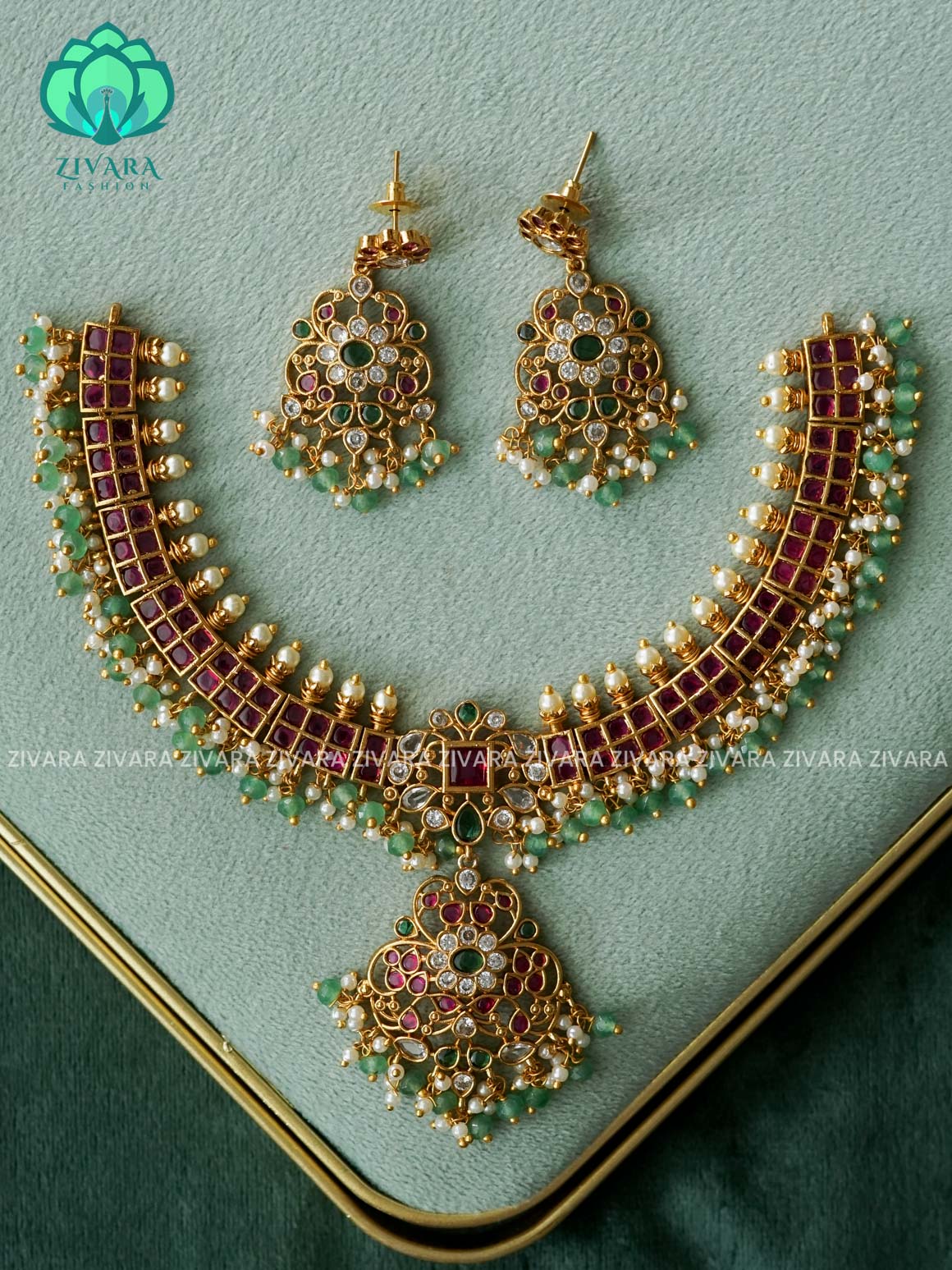 AKSHAYAM -  REAL KEMP NECKWEAR WITH GREEN BEADS HANGINGS  - Traditional south indian premium neckwear with earrings- Zivara Fashion- latest jewellery design.
