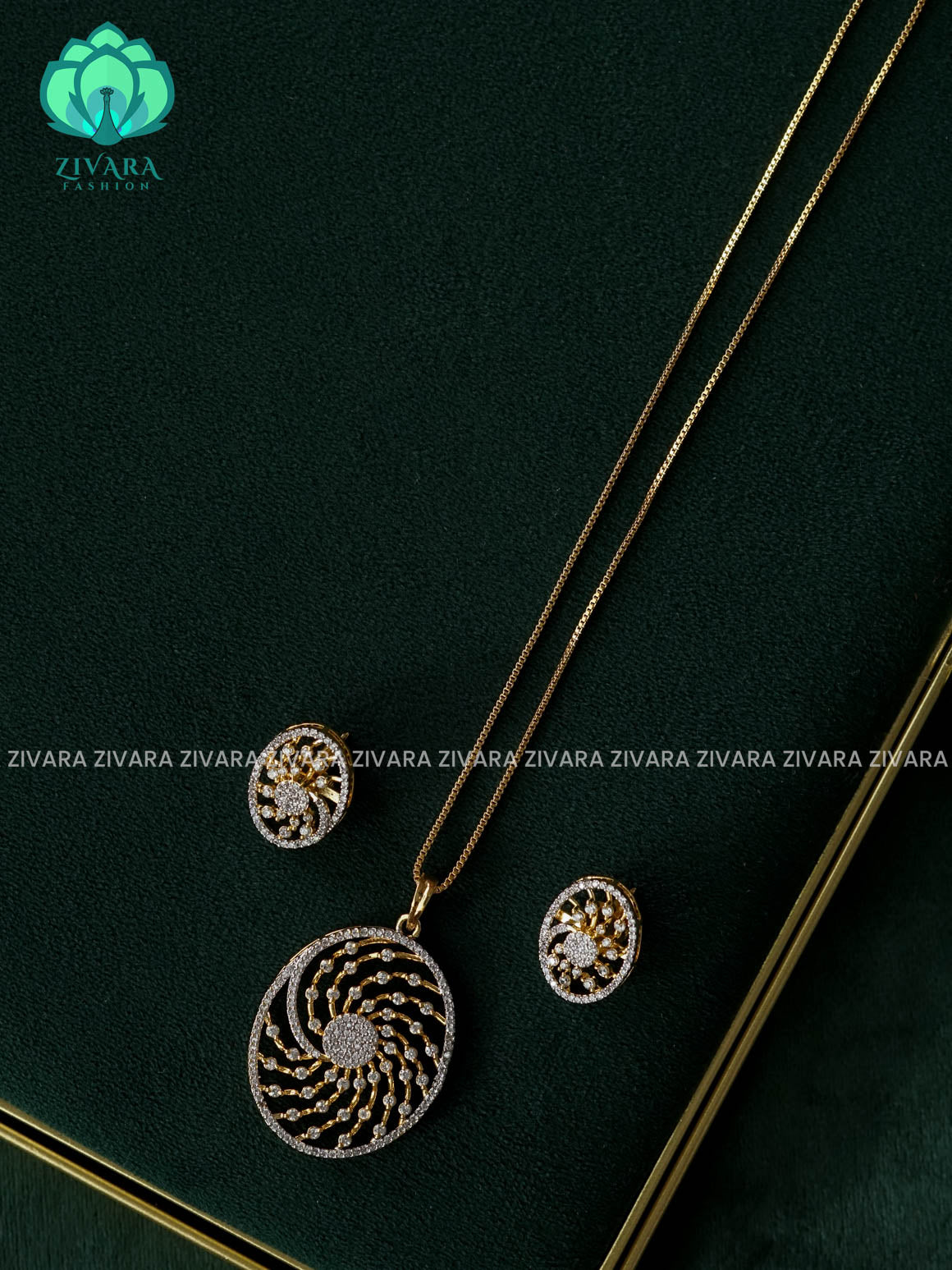 Zyra- Diamond replica gold polish-pendant set and earrings ( CHAIN COMPLIMENTARY)  -Trending office wear jewellery-Zivara fashion