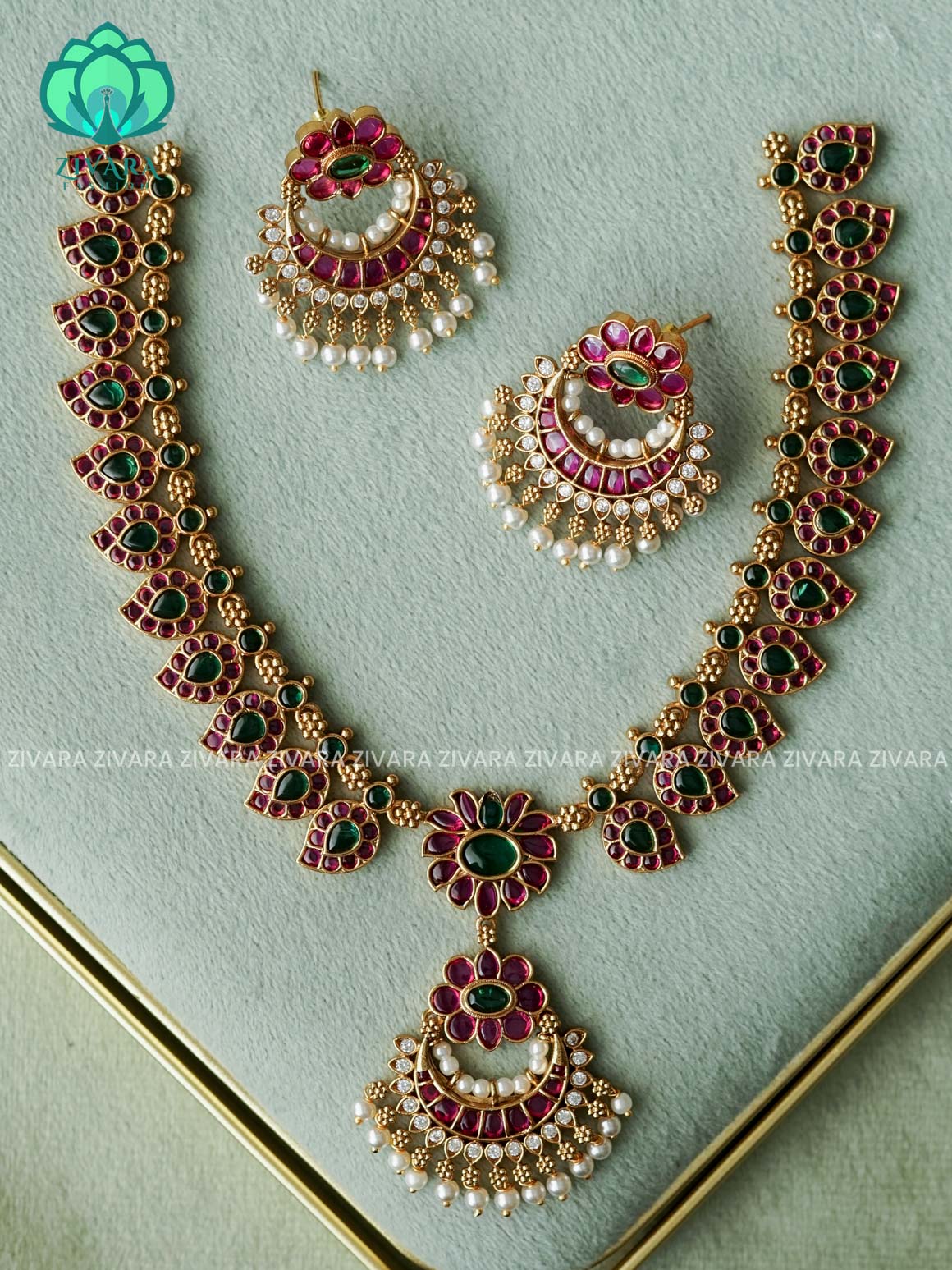 BRIDAL REAL KEMP MANGA FLOWER NECKWEAR - Traditional south indian premium neckwear with earrings- Zivara Fashion- latest jewellery design