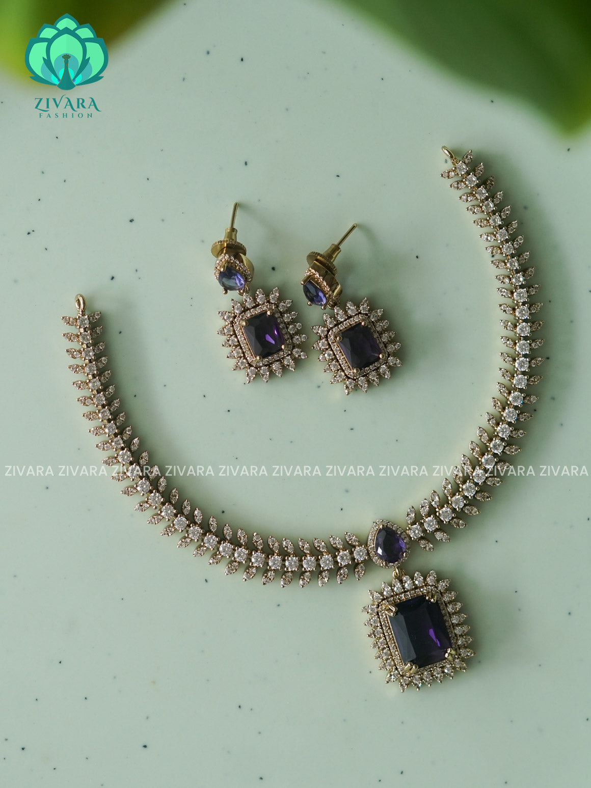 PURPLE square stone diamond replica- FLEXIBLE CHAIN WITH HANGING -Traditional south indian premium neckwear with earrings- Zivara Fashion- latest jewellery design