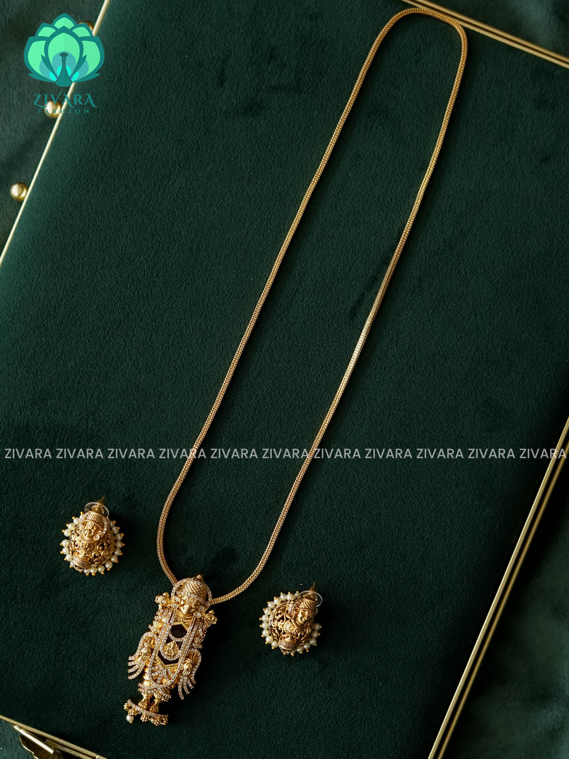 VISHALI TIRUMAL PENDANT WITH CHAIN - Traditional PREMIUM GOLD polish MIDCHEST haaram/neckwear with earrings- Zivara Fashion