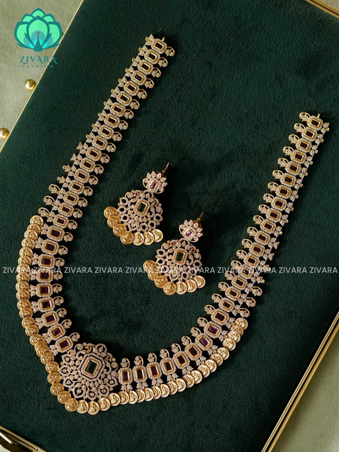 RUBY GREEN STONE  WITH COIN - Traditional PREMIUM  MIDCHEST haaram/neckwear with earrings- Zivara Fashion