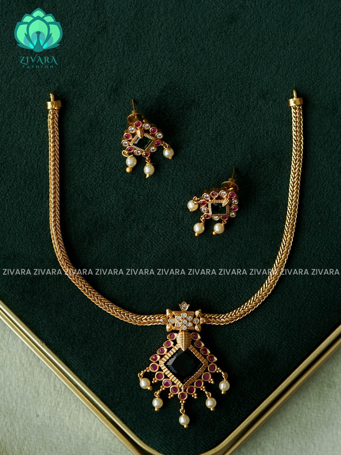 GREEN STONE PENDANT FLEXIBLE CHAIN - TRADITIONAL neckwear with earrings- Zivara Fashion