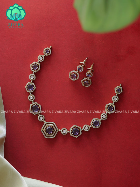 PURPLE- HEXAGON - stylish and minimal elegant neckwear with earrings- Zivara Fashion