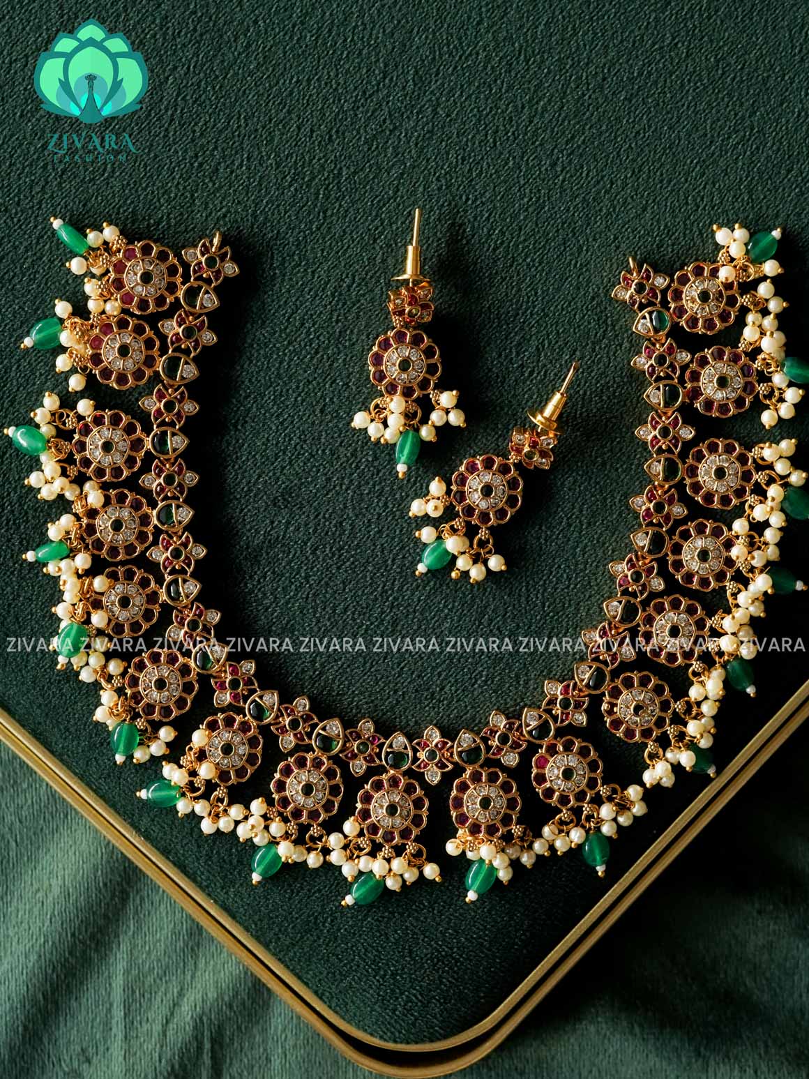 Motif free REAL KEMP neckwear with green beads hangings with earrings - Zivara Fashion