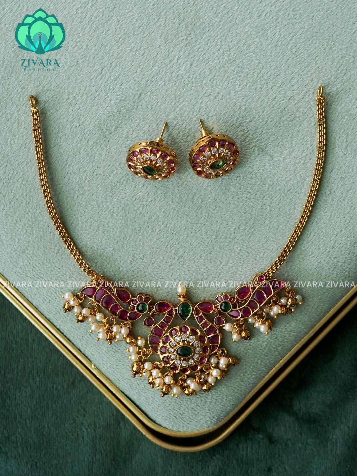 REAL KEMP PEACOCK - FLEXIBLE CHAIN  - Traditional south indian premium neckwear - Zivara Fashion- latest jewellery design