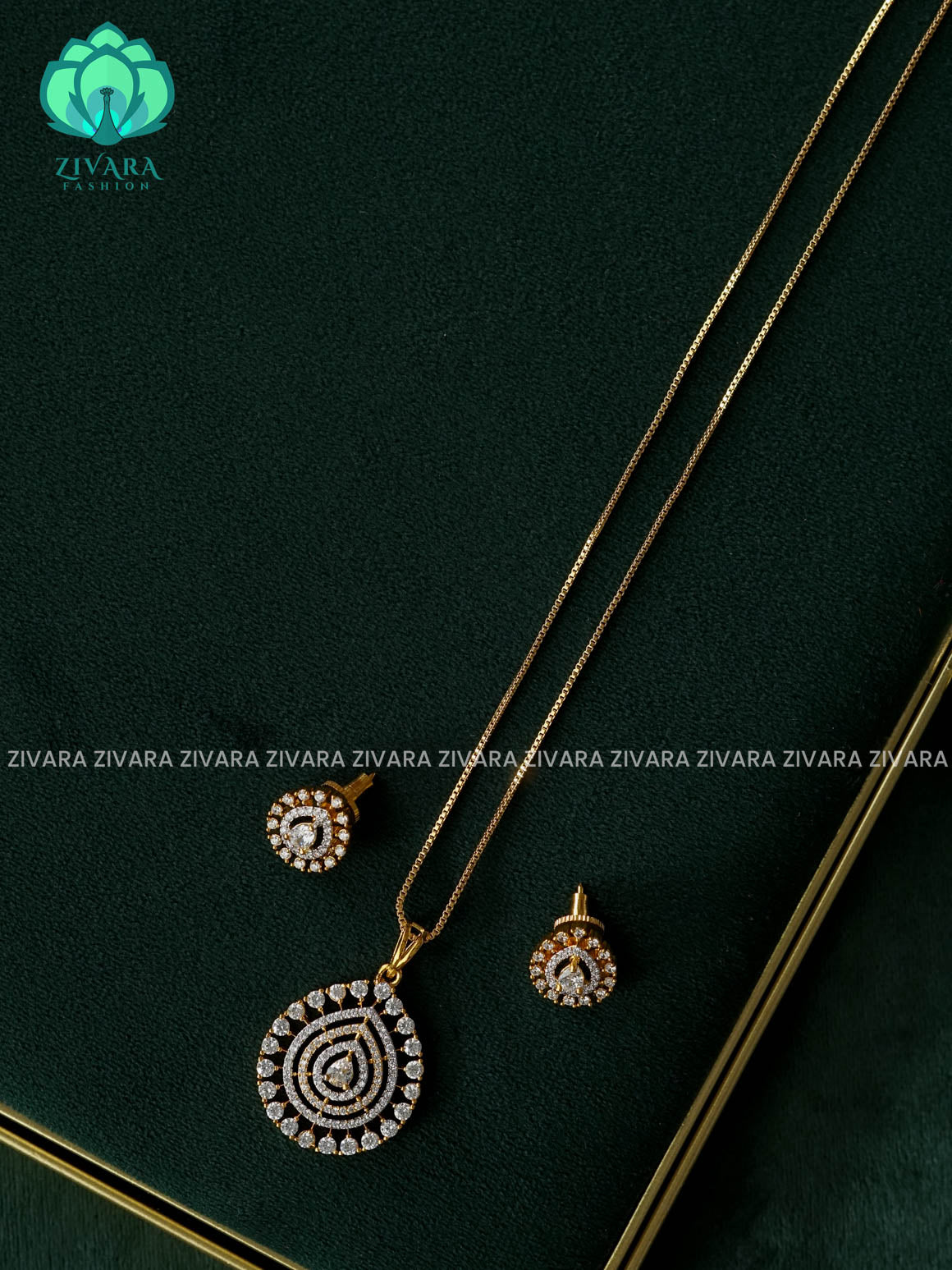 Zyra- Diamond replica gold polish-pendant set and earrings ( CHAIN COMPLIMENTARY)  -Trending office wear jewellery-Zivara fashion