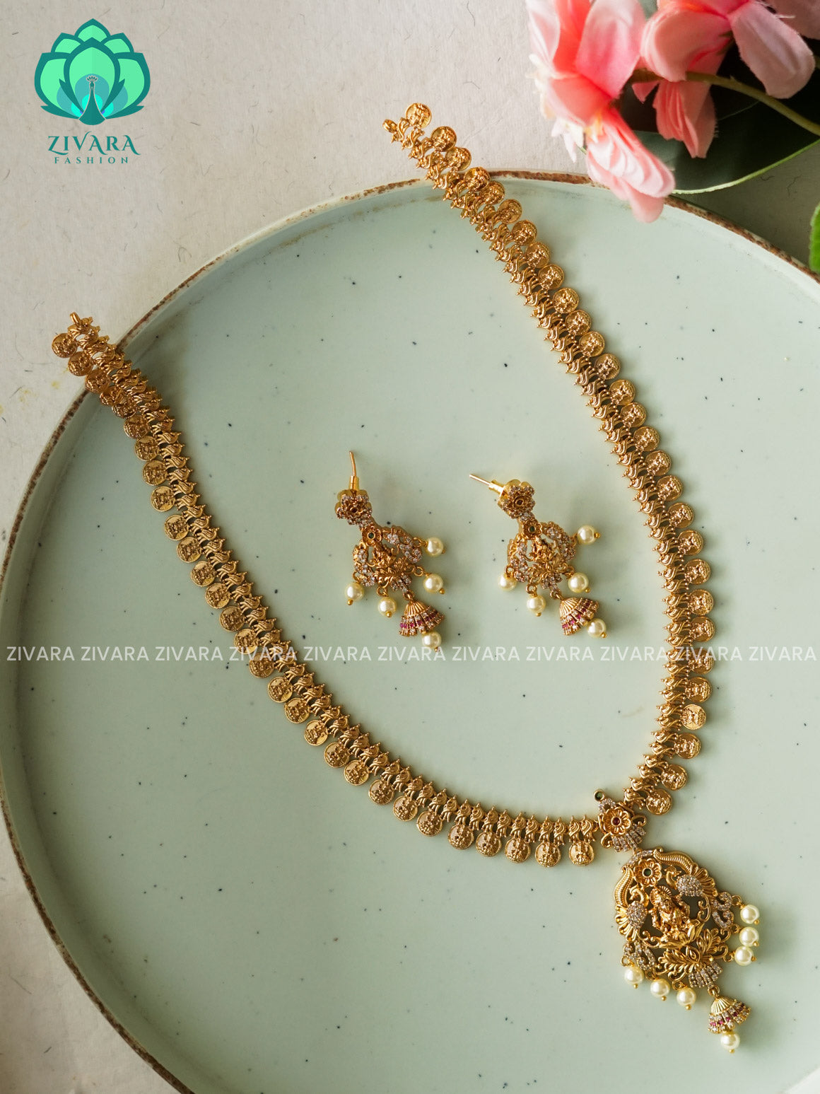 TEMPLE COIN LONG CHAIN  - Traditional PREMIUM MATTE polish MIDCHEST haaram/neckwear with earrings- Zivara Fashion