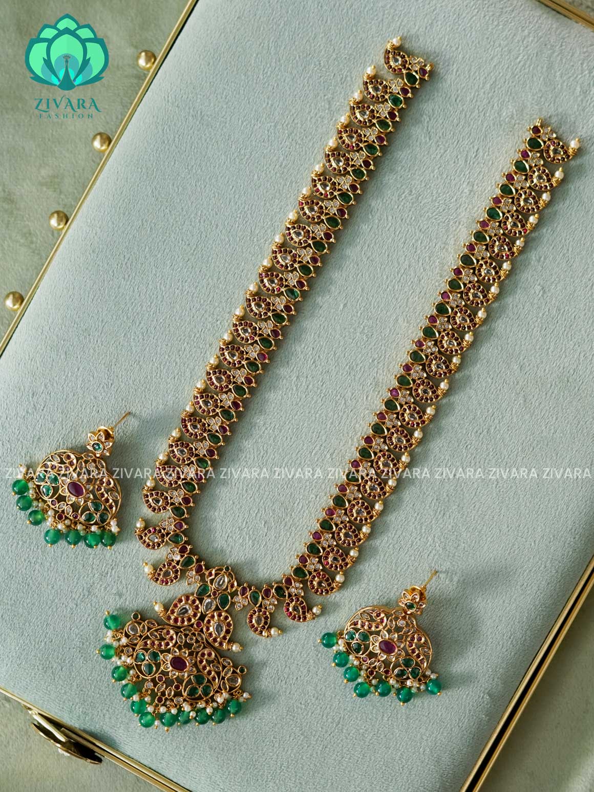 PEACOCK MANGA REAL KEMP BRIDAL HAARAM  WITH GREEN BEADS HANGINGS - Traditional premium long haaram/neckwear with earrings- Zivara Fashion
