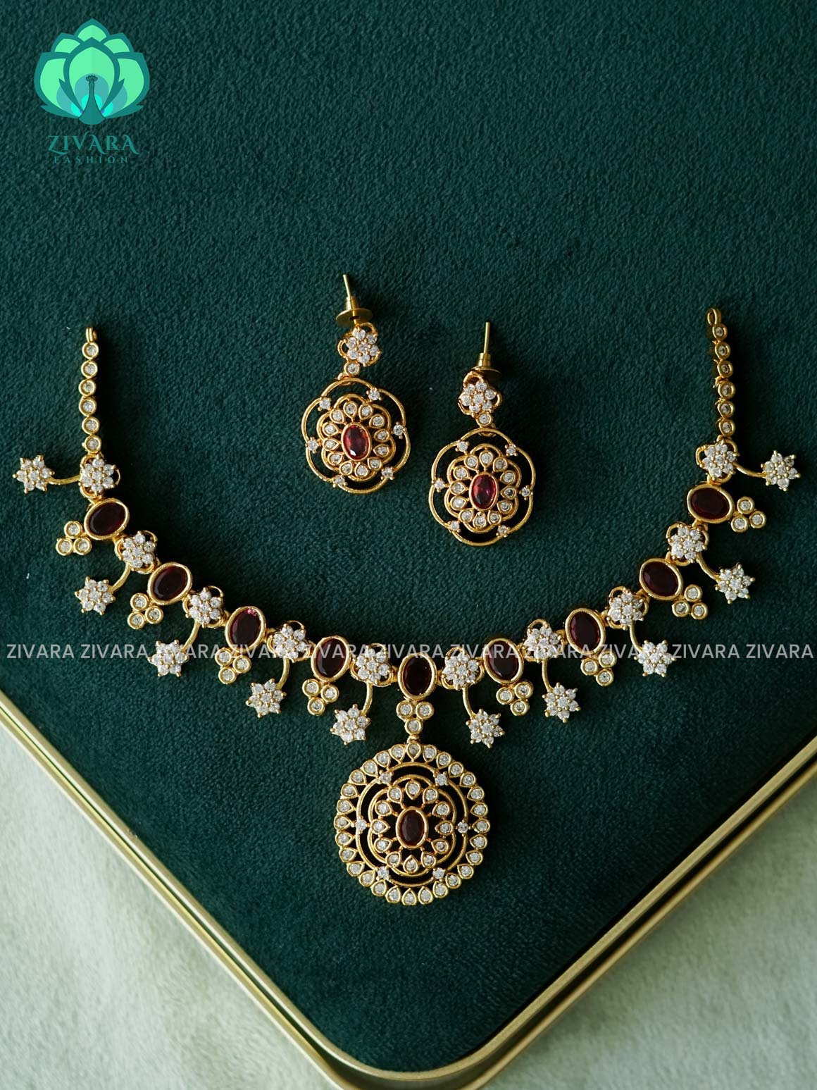 RUBY OVAL PENDANT - PREMIUM SUBTLE GOLD FINISH  stylish and minimal elegant neckwear with earrings- Zivara Fashion