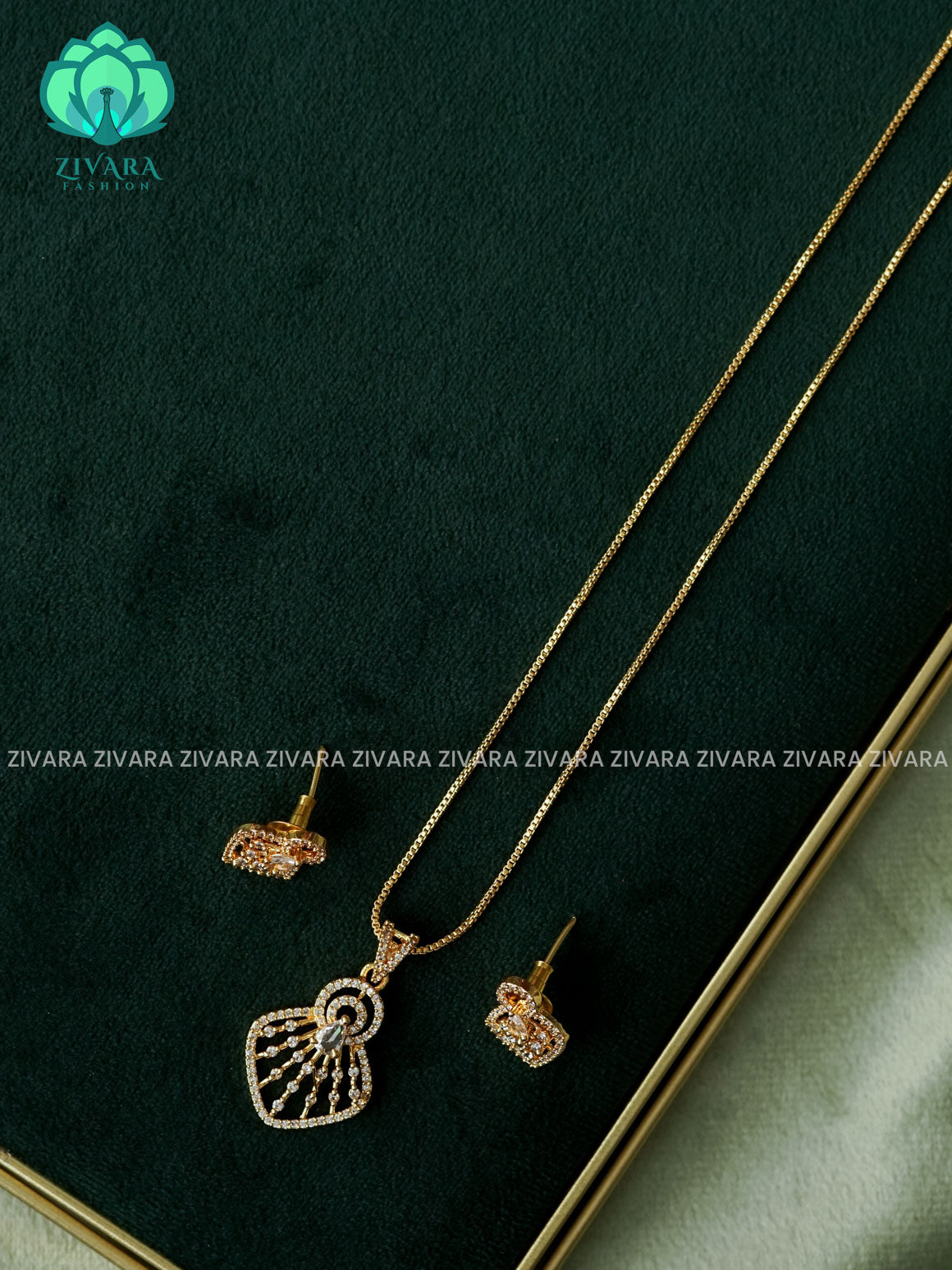 Zyra- Diamond replica Gold polish-Simple 21" chain and pendant set -Trending office wear jewellery-Zivara fashion