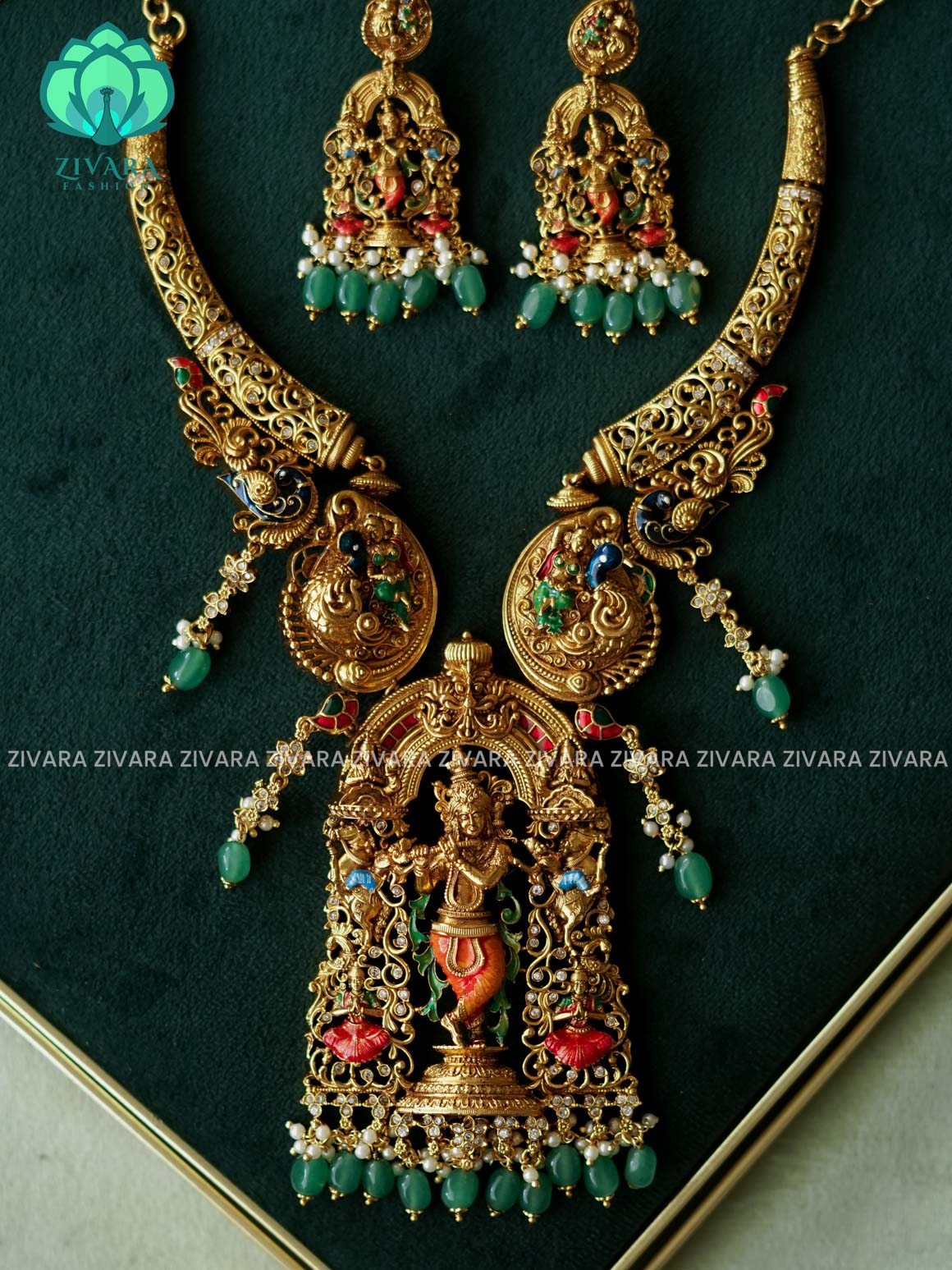 MADHURYA - DIVINE KRISHNA MIDCHEST HASLI VINTAGE FINISH handpainted - Traditional south indian premium neckwear with earrings- Zivara Fashion- latest jewellery design