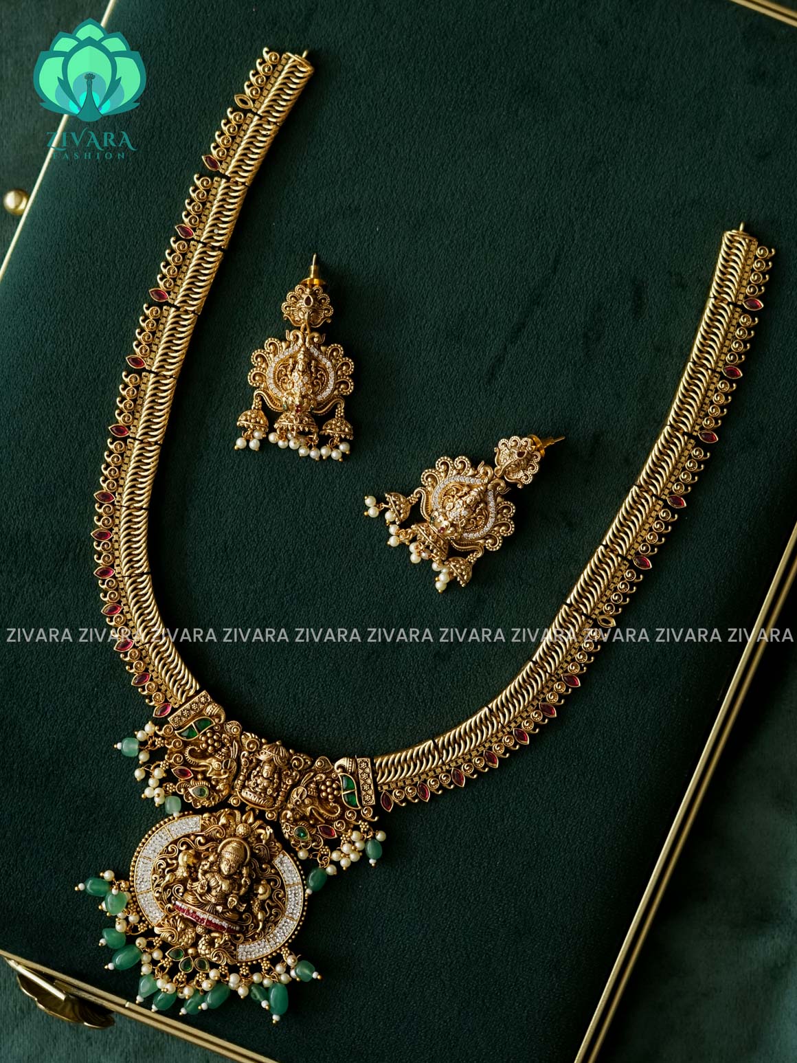 VINTAGE TEMPLE BRIDAL LONG - Traditional PREMIUM MATTE polish MIDCHEST haaram/neckwear without earrings- Zivara Fashion