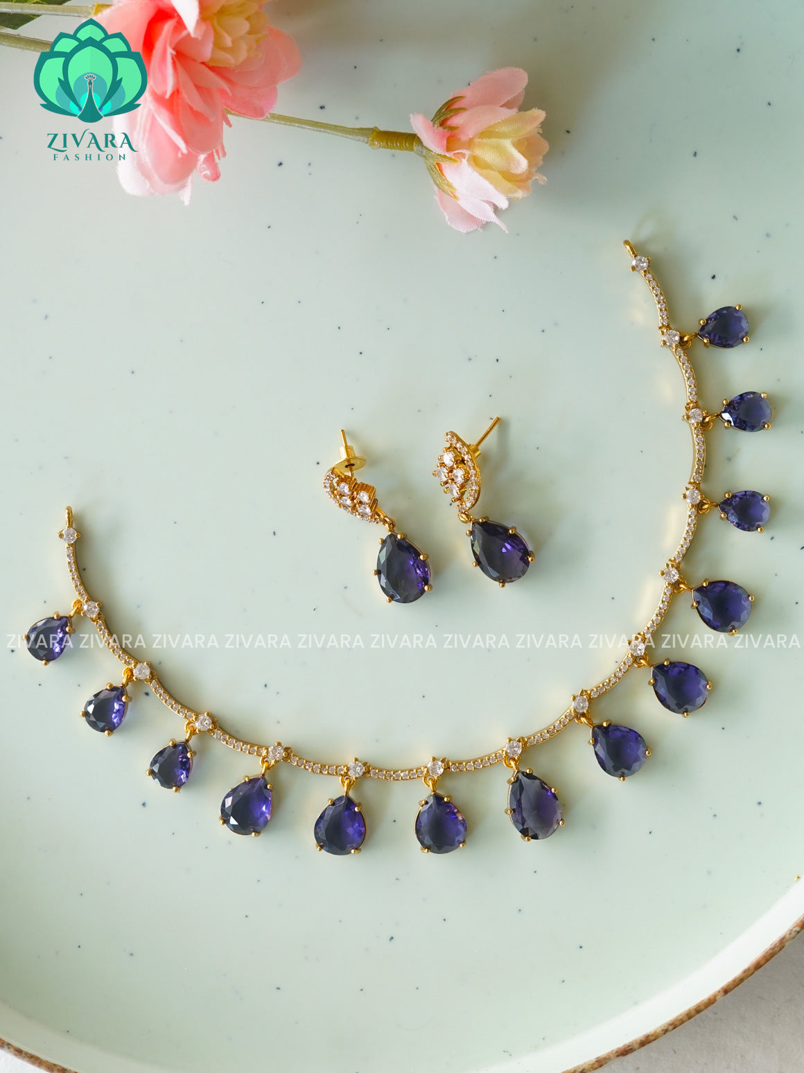 VIOLET/PURPLE - Hanging tear - Trending  stylish and minimal elegant neckwear with earrings- Zivara Fashion