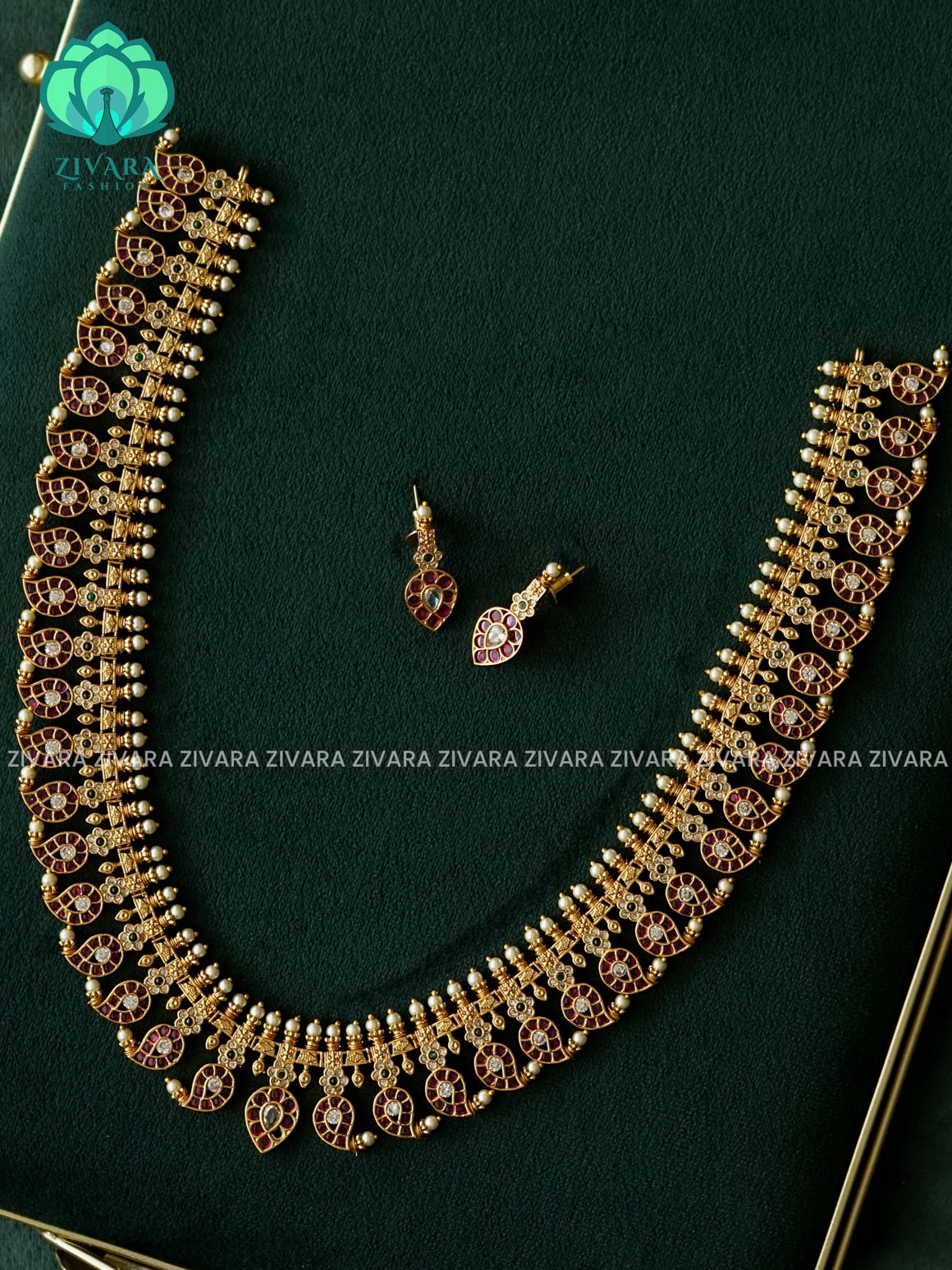 Ruby  mango neckwear   - Traditional PREMIUM MATTE polish MIDCHEST haaram/neckwear with earrings- Zivara Fashion