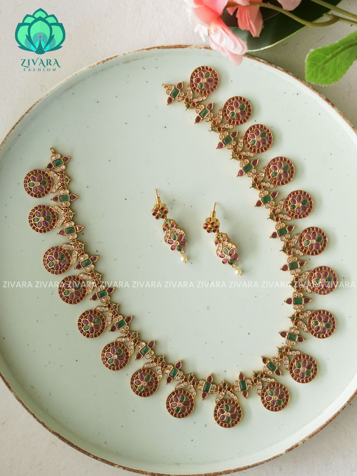 REAL KEMP BRIDAL BUTTA - Traditional PREMIUM MATTE polish MIDCHEST haaram/neckwear with earrings- Zivara Fashion