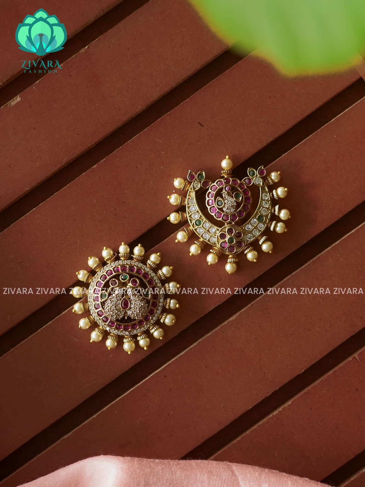 RUBY and GREEN -SUN MOON - SURYA CHANDRA - TRADITIONAL(2 INCHES) REAL KEMP  HAIR ACCESSORIES- ZIVARA FASHION