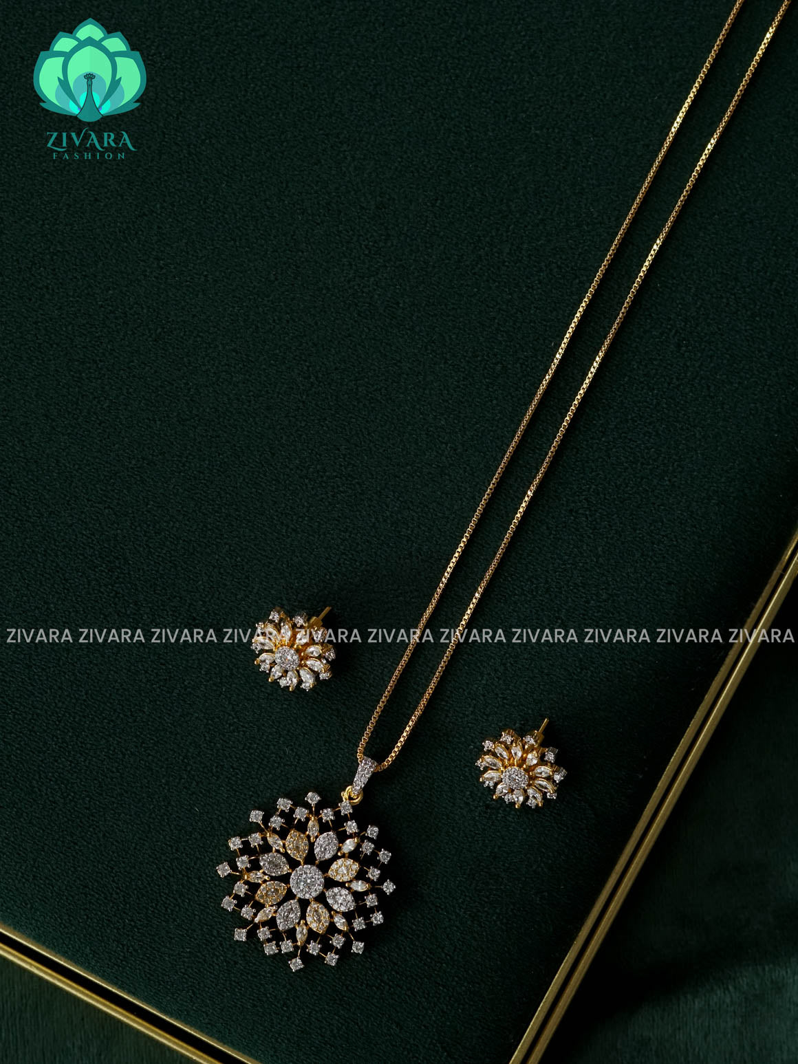 Zyra- Diamond replica gold polish-pendant set and earrings ( CHAIN COMPLIMENTARY)  -Trending office wear jewellery-Zivara fashion