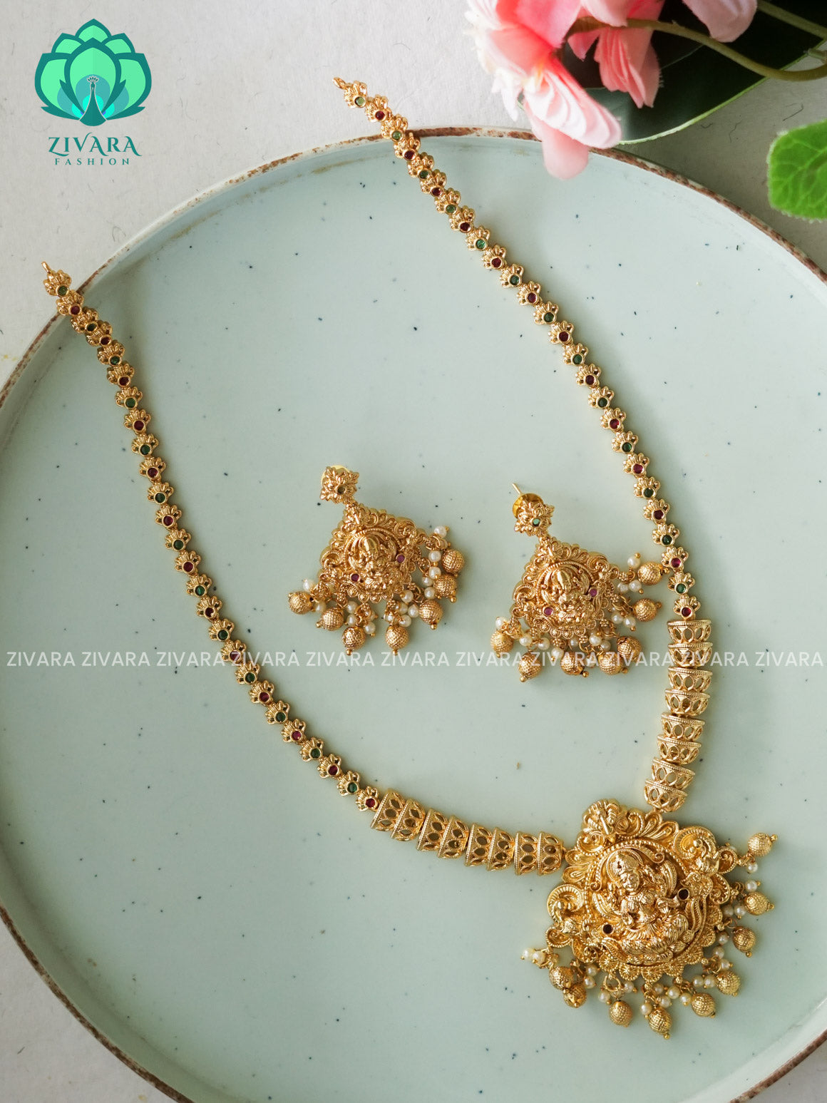 VINTAGE TEMPLE BRIDAL LONG - Traditional PREMIUM MATTE polish MIDCHEST haaram/neckwear with earrings- Zivara Fashion