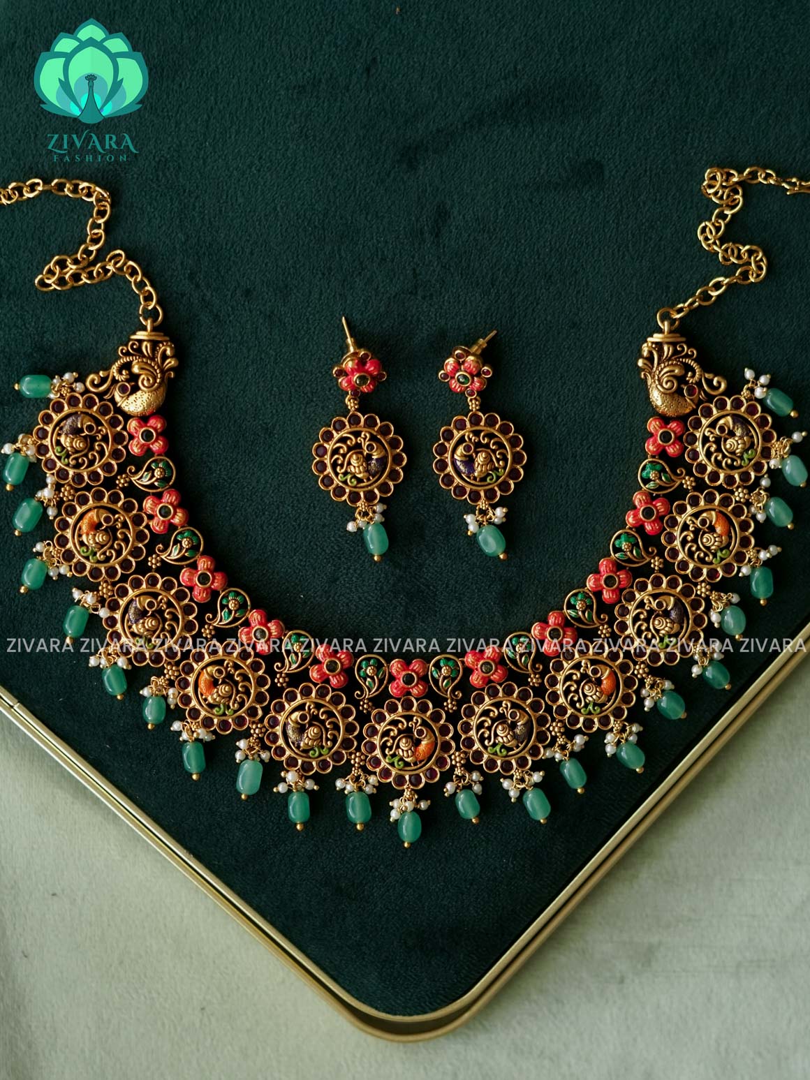 MADHURYA PEACOCK BRIDAL CHOKER WITH GREEN BEADS HANGINGS  - TRADITIONAL CHOKER COLLECTION WITH EARRINGS- LATEST JEWELLERY COLLECTION