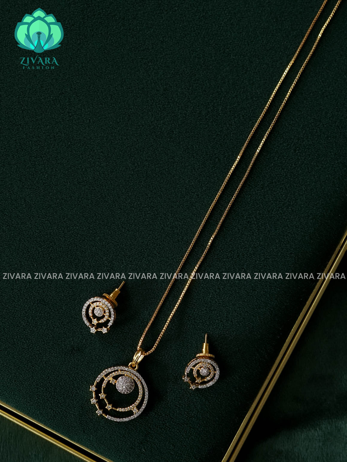 Zyra- Diamond replica gold polish-pendant set and earrings ( CHAIN COMPLIMENTARY)  -Trending office wear jewellery-Zivara fashion