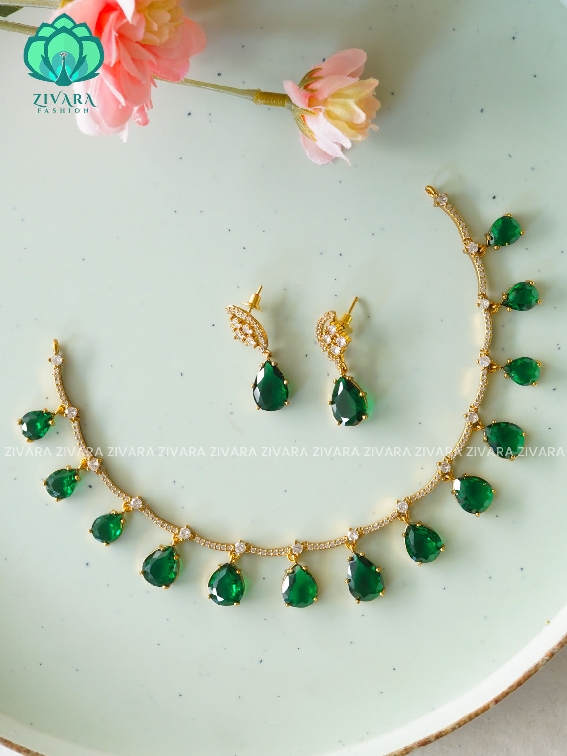 GREEN - Hanging tear - Trending  stylish and minimal elegant neckwear with earrings- Zivara Fashion