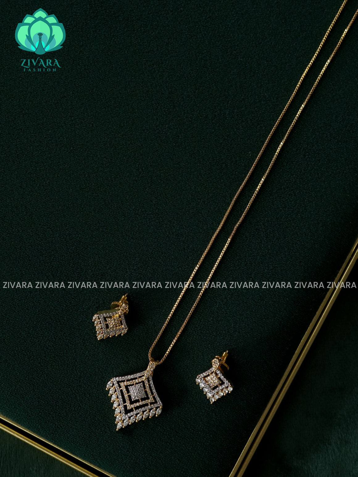 Zyra- Diamond replica gold polish-pendant set and earrings ( CHAIN COMPLIMENTARY)  -Trending office wear jewellery-Zivara fashion