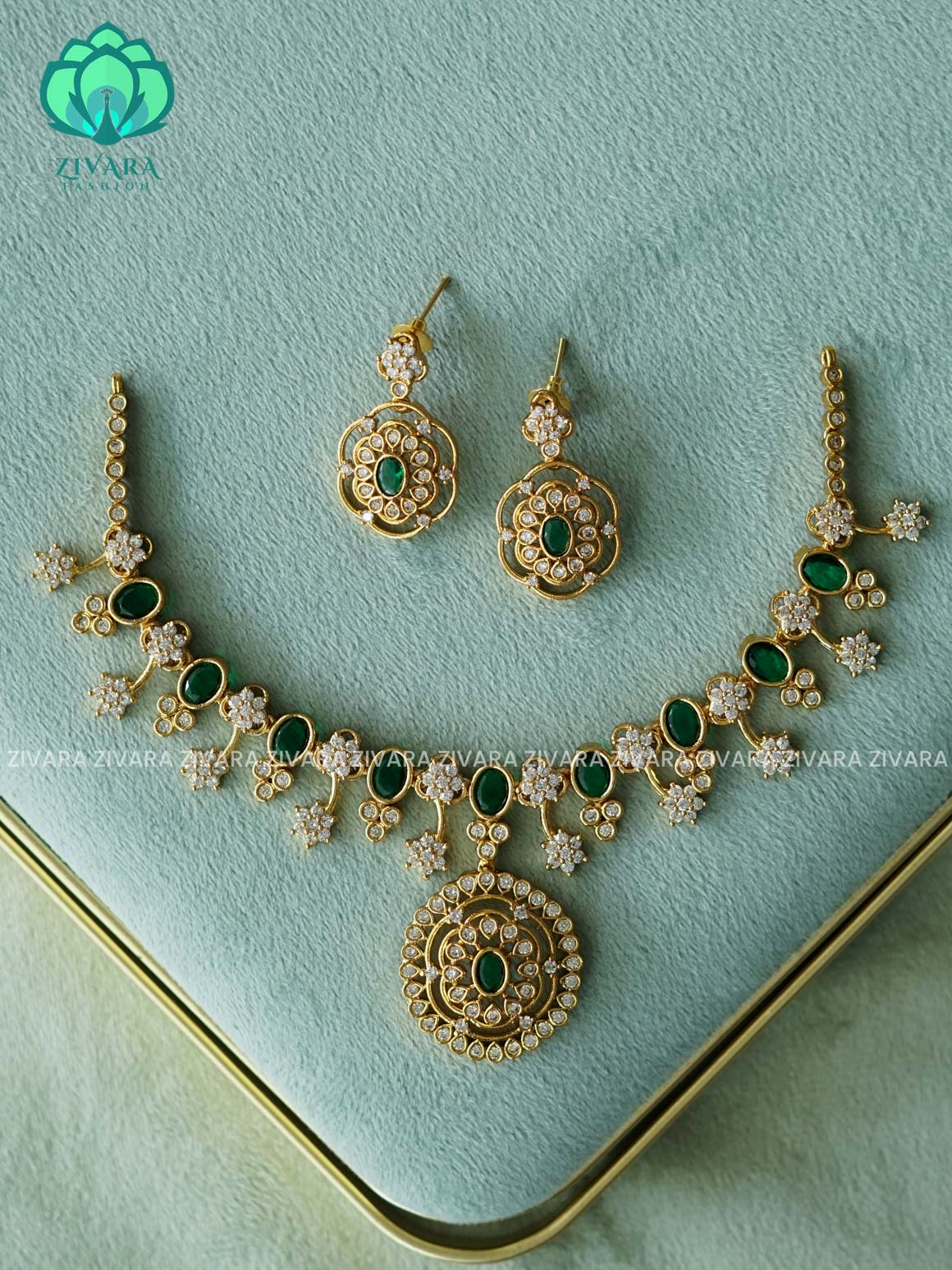 GREEN OVAL PENDANT - PREMIUM SUBTLE GOLD FINISH  stylish and minimal elegant neckwear with earrings- Zivara Fashion