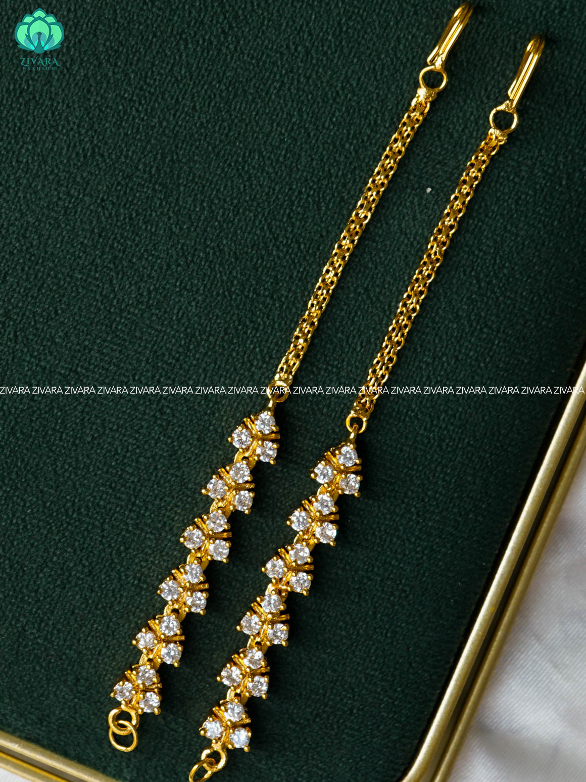 white stone straight gold finish bridal earchain maatal- south indian kemp bridal accessory