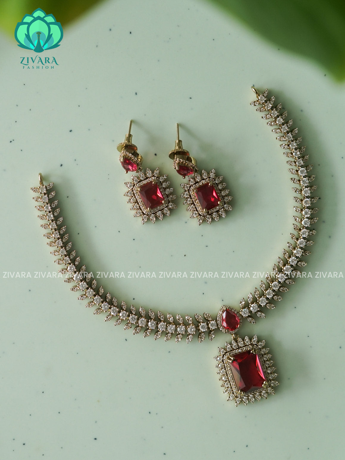 RUBY square stone diamond replica- FLEXIBLE CHAIN WITH HANGING -Traditional south indian premium neckwear with earrings- Zivara Fashion- latest jewellery design