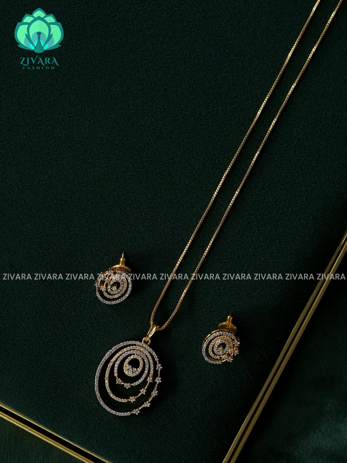 Zyra- Diamond replica gold polish-pendant set and earrings ( CHAIN COMPLIMENTARY)  -Trending office wear jewellery-Zivara fashion