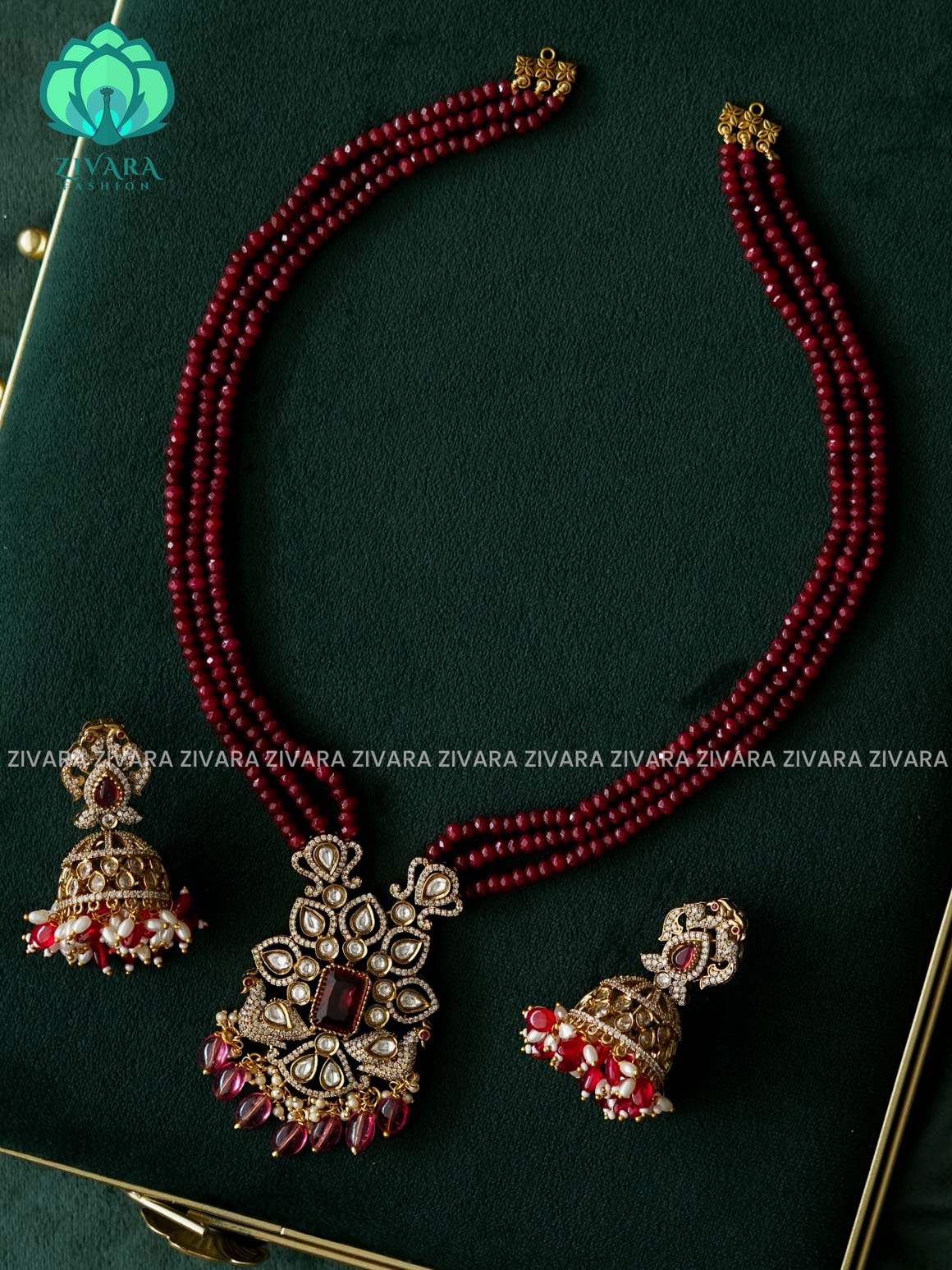 Victorian finish RUBY beads long haaram with stones- Premium quality CZ Matte collection