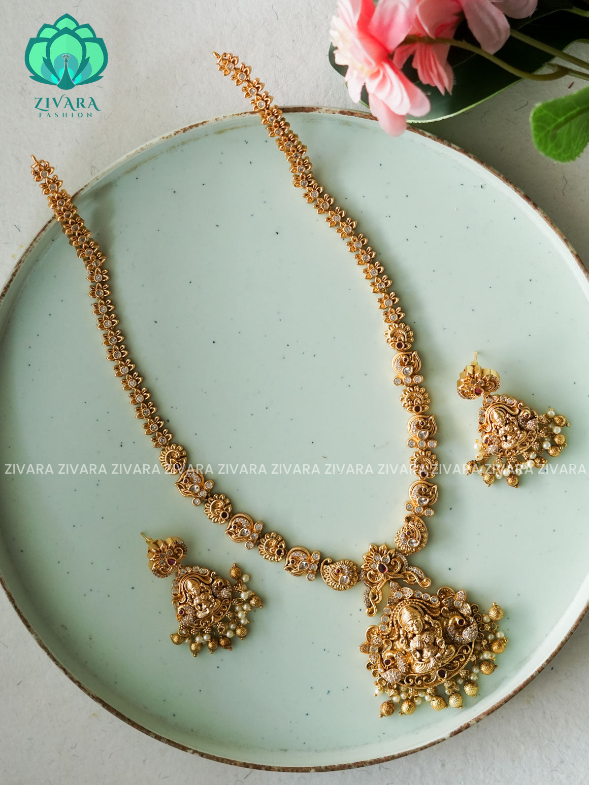 TEMPLE BRIDAL LONG - Traditional PREMIUM MATTE polish MIDCHEST haaram/neckwear with earrings- Zivara Fashion