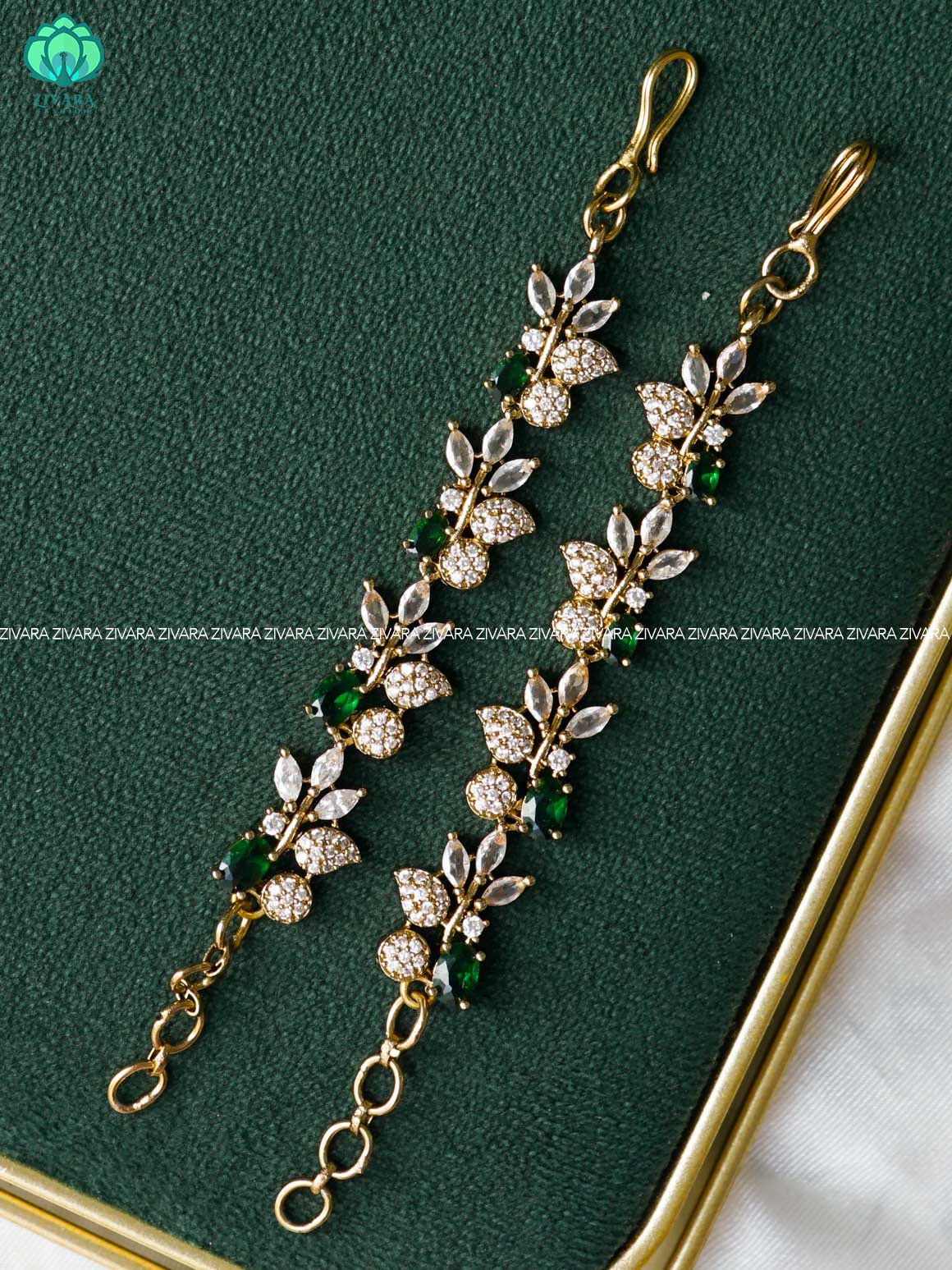 WHITE GREEN LEAF STYLE  straight premium finish bridal earchain maatal- south indian kemp bridal accessory